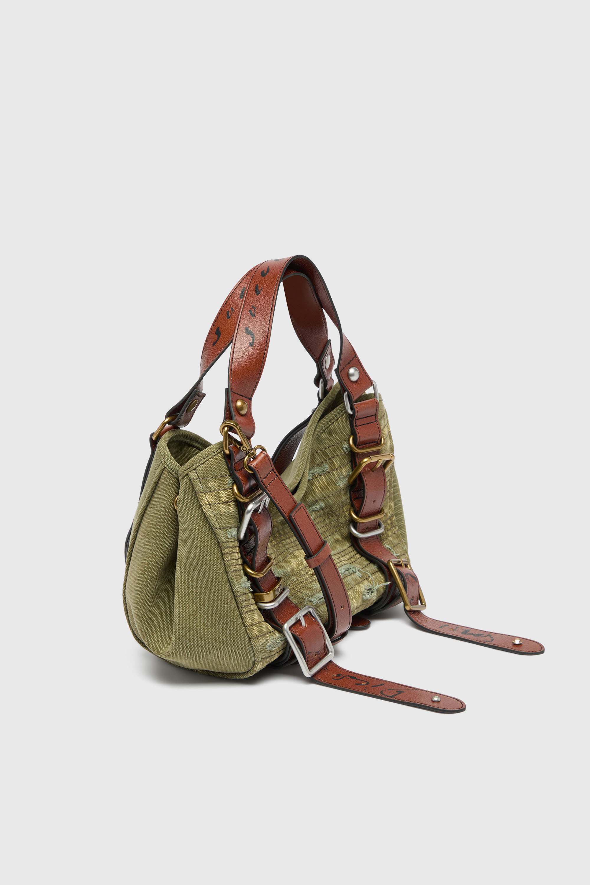 Diesel - D-ONE TOPHANDLE S, Damen D-One-Small Top-Handle-Tasche aus Canvas mit Lederbesatz in Gr&uuml;n - 5