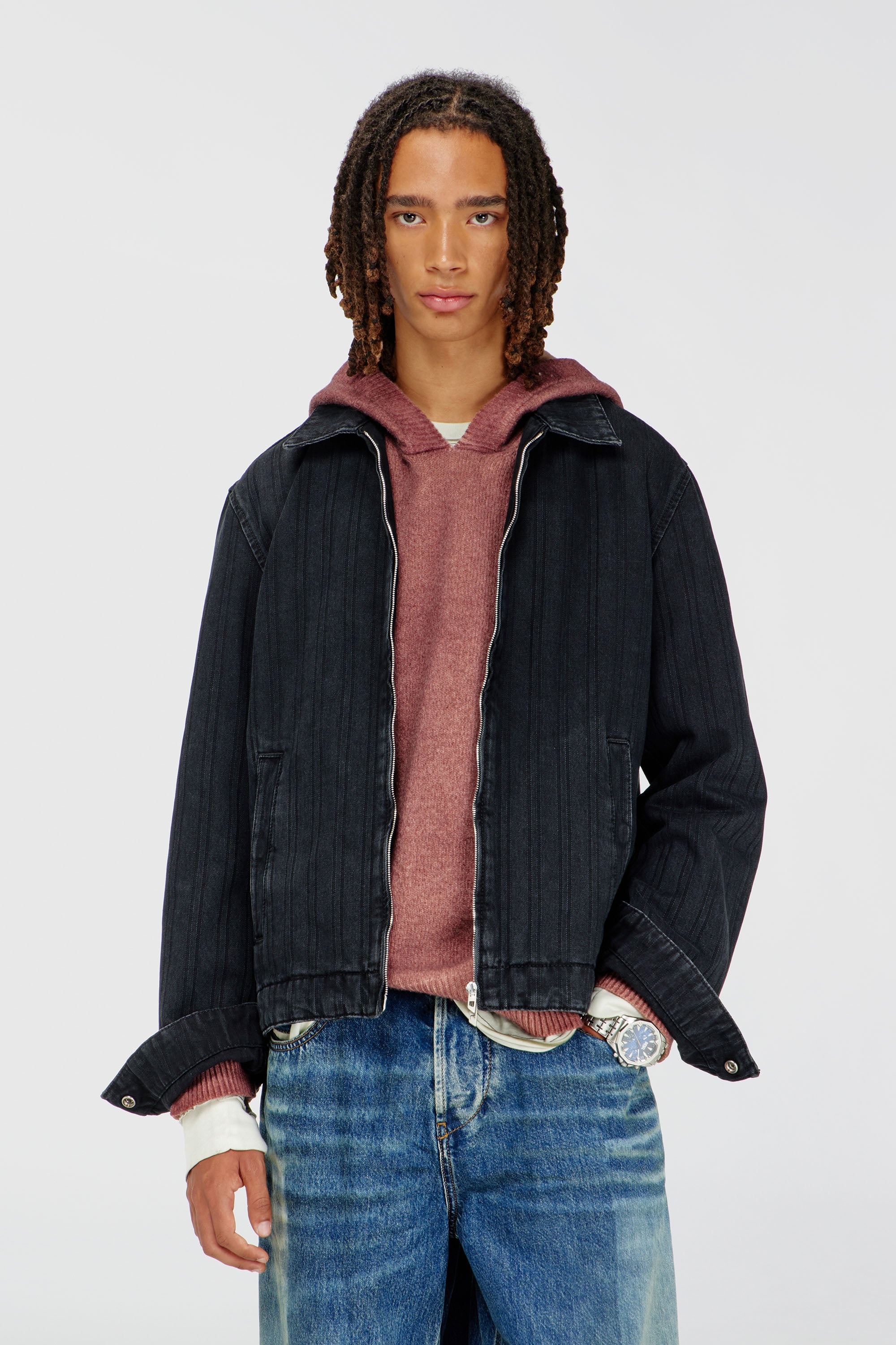 Diesel - D-ROHE, Herren Jacke aus pinstripe denim in Schwarz/Dunkelgrau - 1