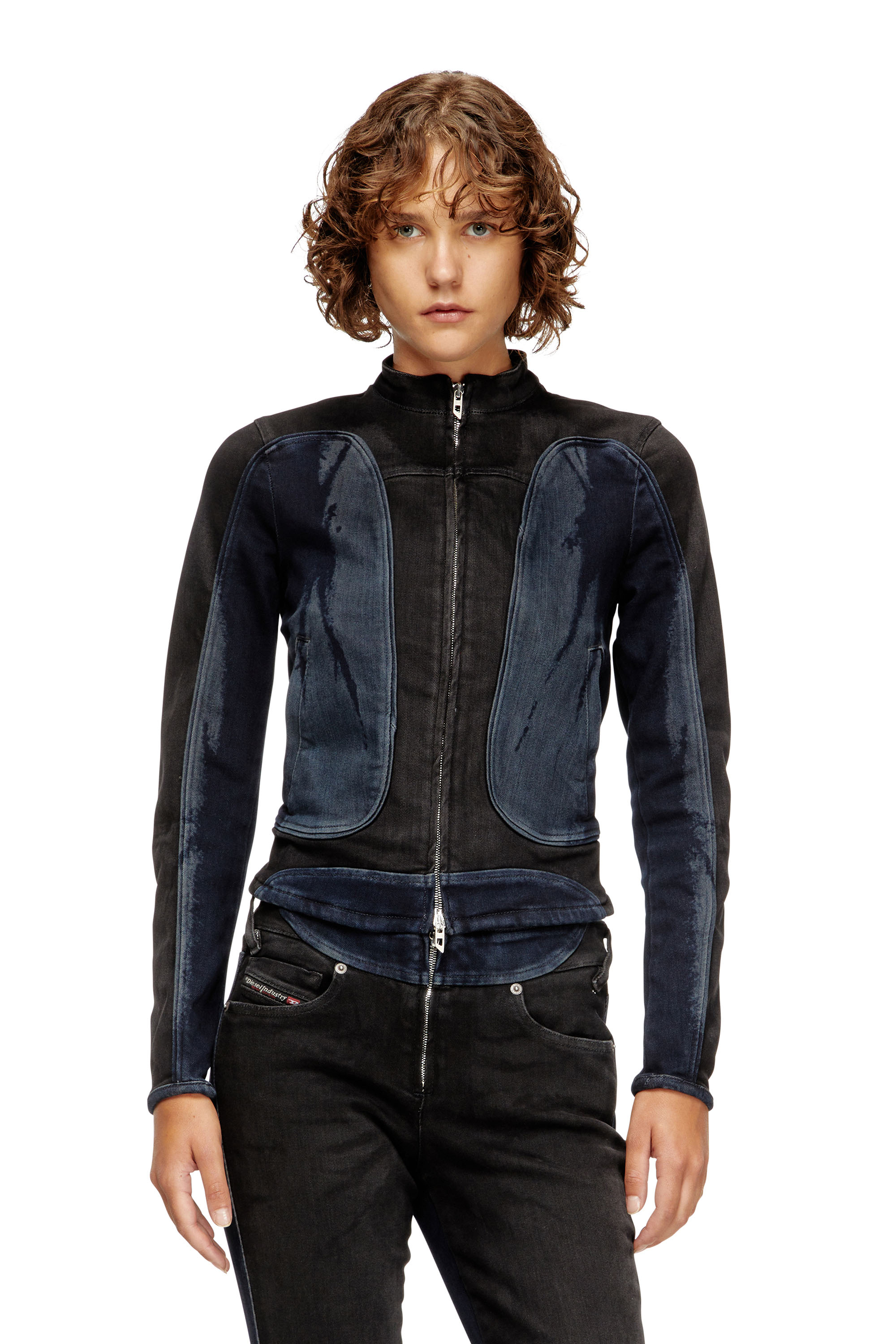 Diesel - DE-MORNY-S, Damen Bikerjacke aus zweifarbigem Denim in Schwarz/Blau - 3