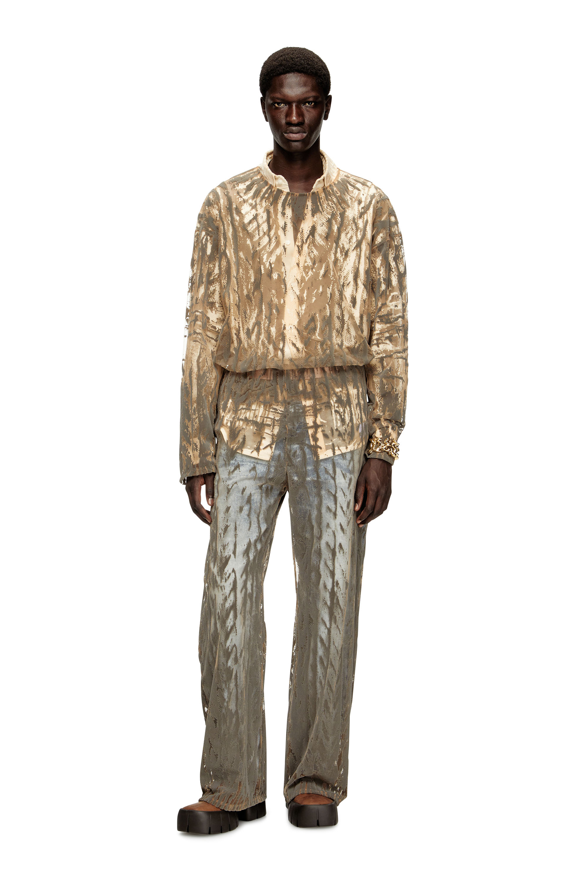 Diesel - T-TARAS, Herren Langarm-Oberteil aus beflocktem Tüll in Hellgrau - 1