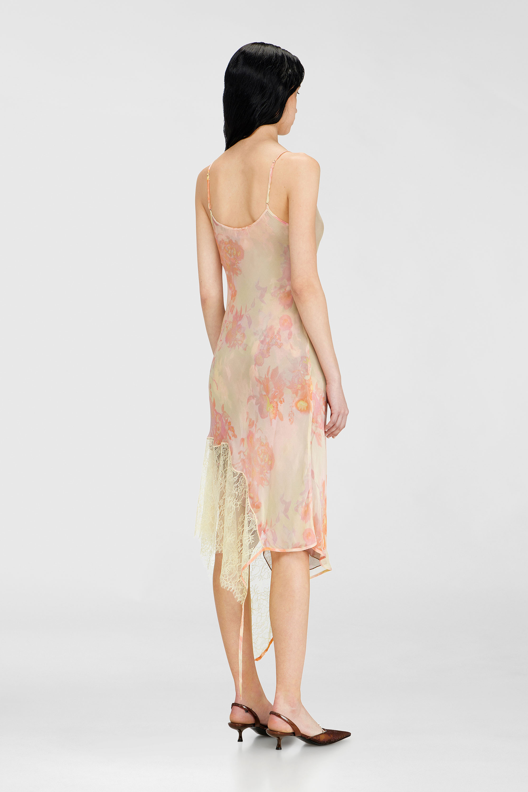 Diesel - D-ANCEL, Damen Midikleid aus Satin mit Blumenmuster und Spitzenbesatz in Rosa/Gelb - 4