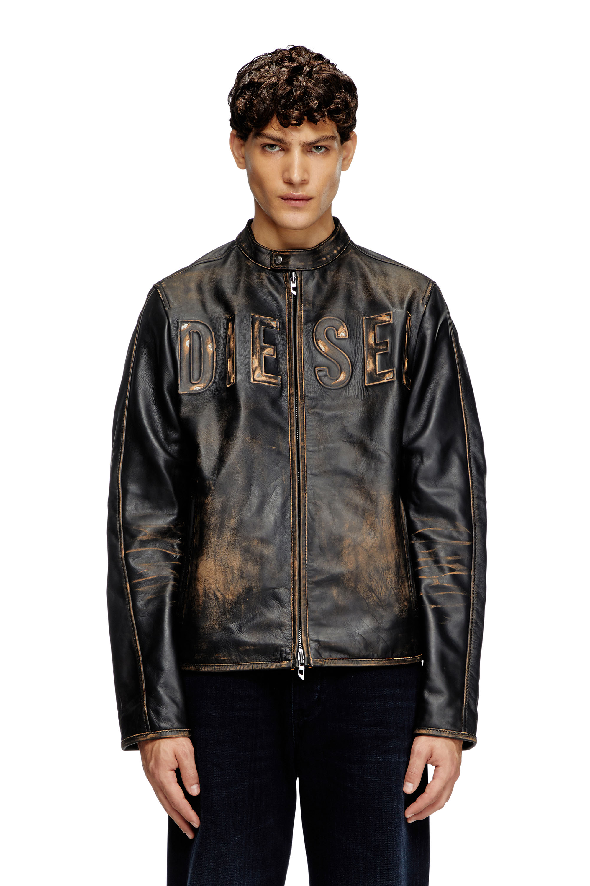 Diesel - L-MET-A, Herren Bikerjacke aus Leder mit vielgetragenem Logo in Schwarz/Braun - 1