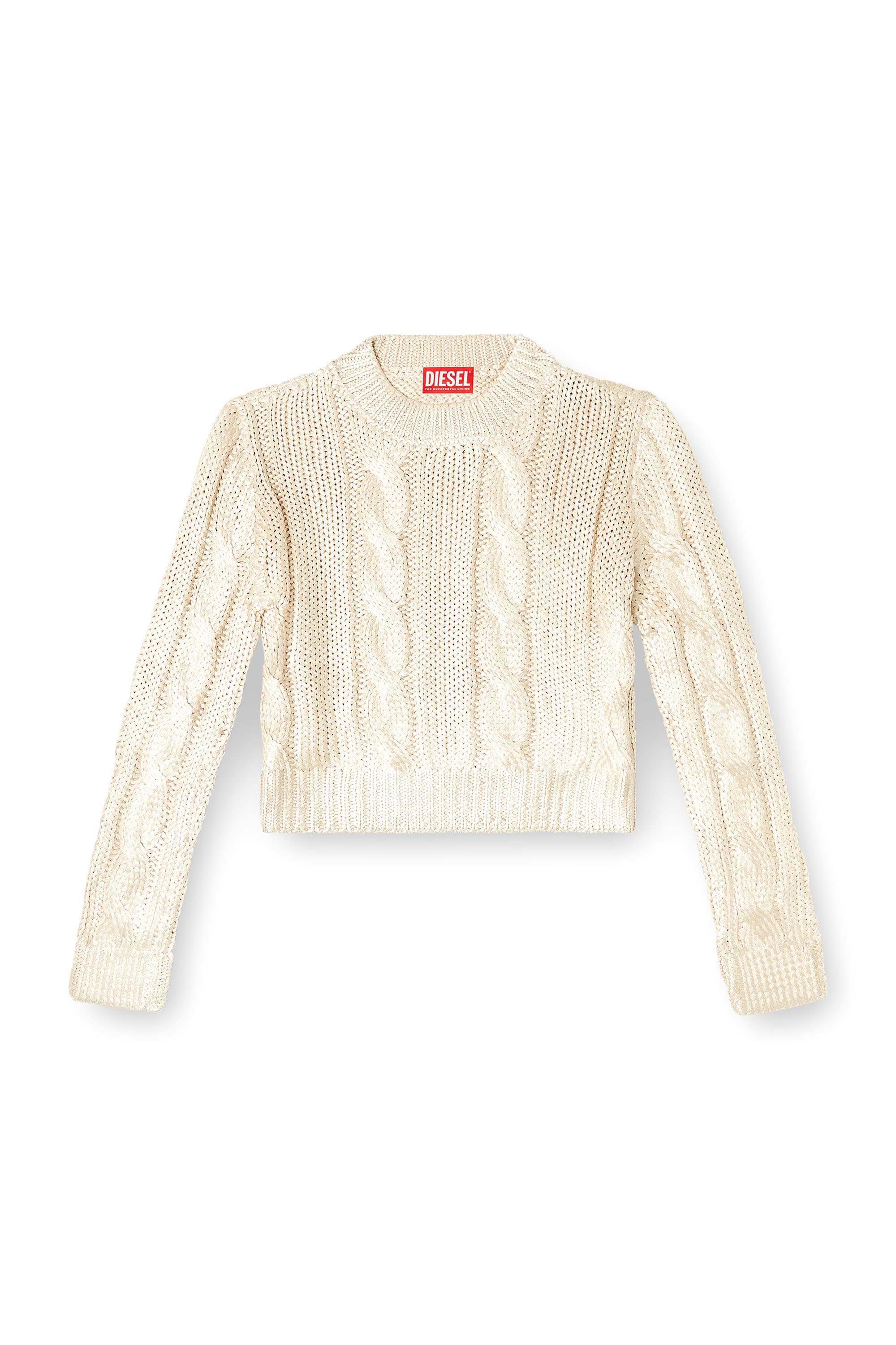 Diesel - M-MICCHA, Damen Pullover mit Zopf-Muster und Glanzeffekt in Beige - 3