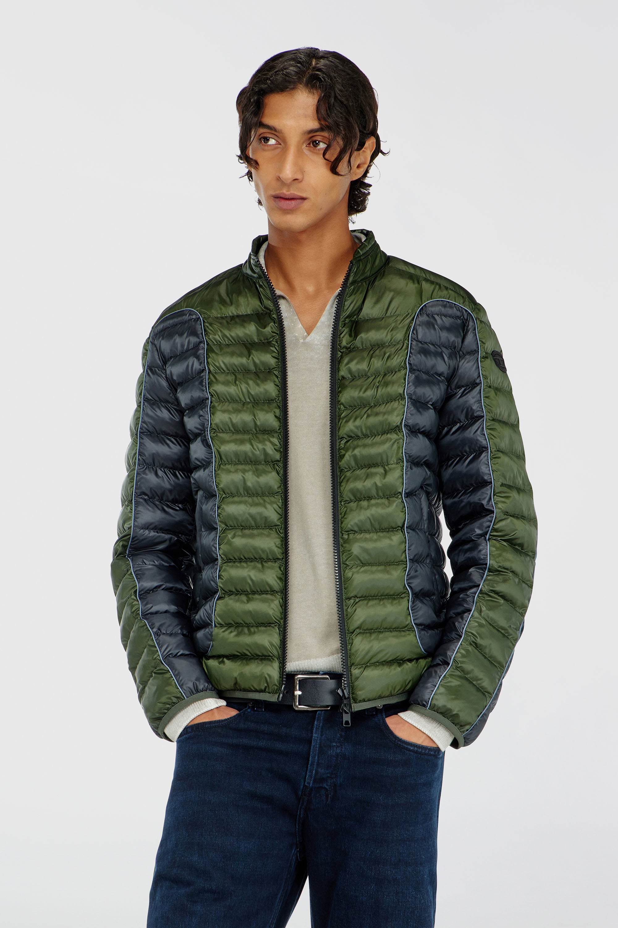 Diesel - W-PILOT-BLOCK, Herren Biker-Pufferjacke mit Colour-Block-Design in Grau/Gr&uuml;n - 1