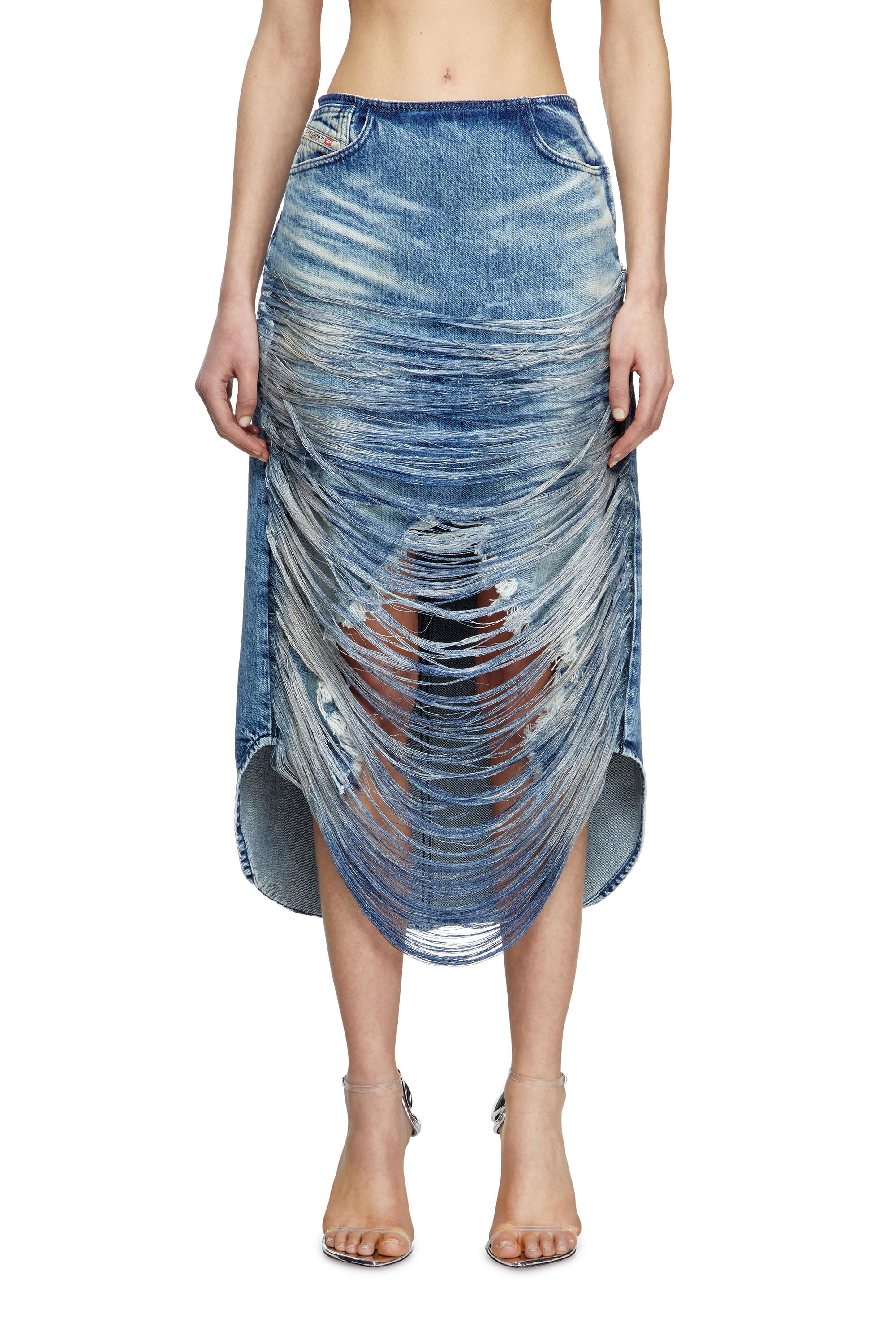 Diesel - DE-PLUMY-FSG, Damen Midi-Rock aus vielgetragenem ausgefranstem Denim in Mittelblau - 3