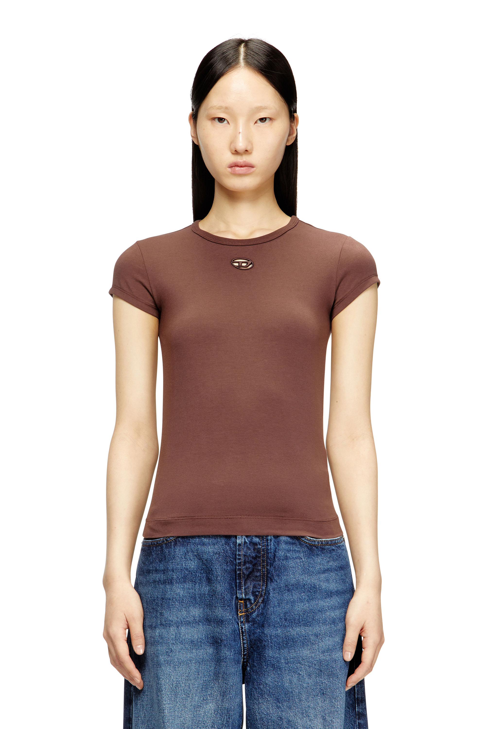 Diesel - T-ANGIE-OD, Damen T-Shirt mit ausgeschnittenem, besticktem Logo in Braun - 1