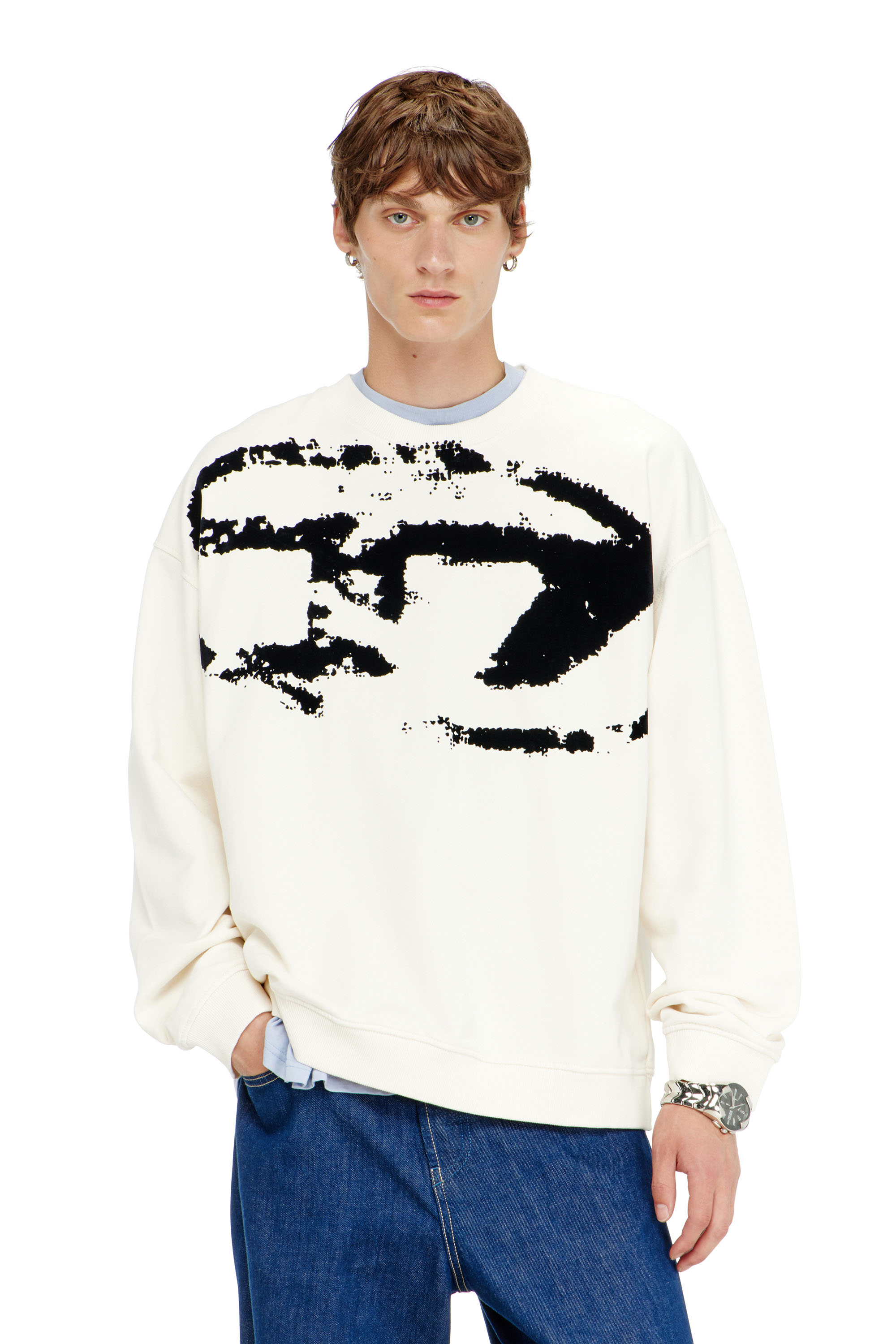 Diesel - S-BOXT-N5, Herren Baumwoll-Sweatshirt mit geflocktem Oval D in Schwarz/Weiss - 1