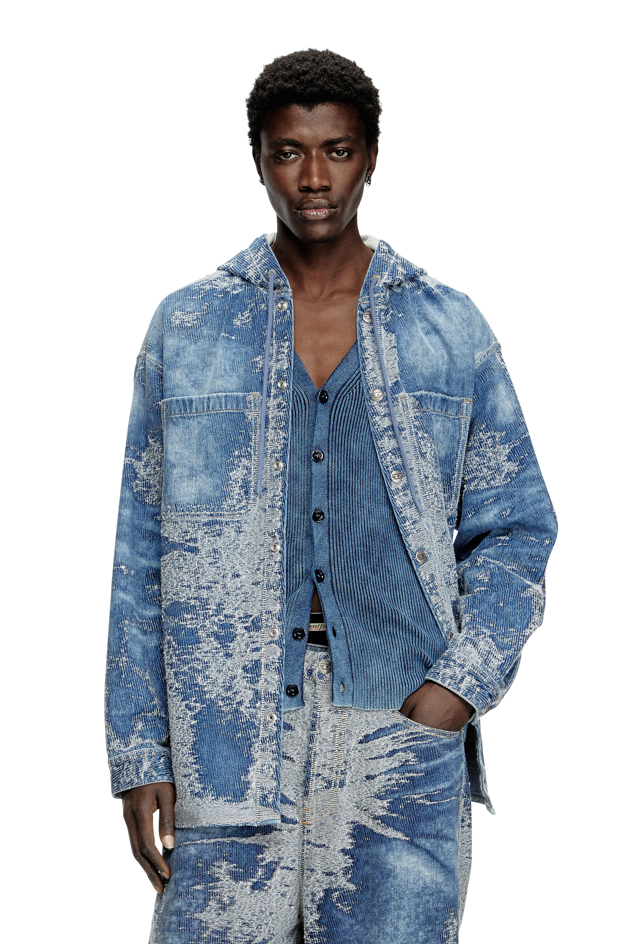 Diesel - D-DEWNYS-HOOD-S, Herren Overshirt aus vielgetragenem Jacquard-Denim in Mittelblau - 1