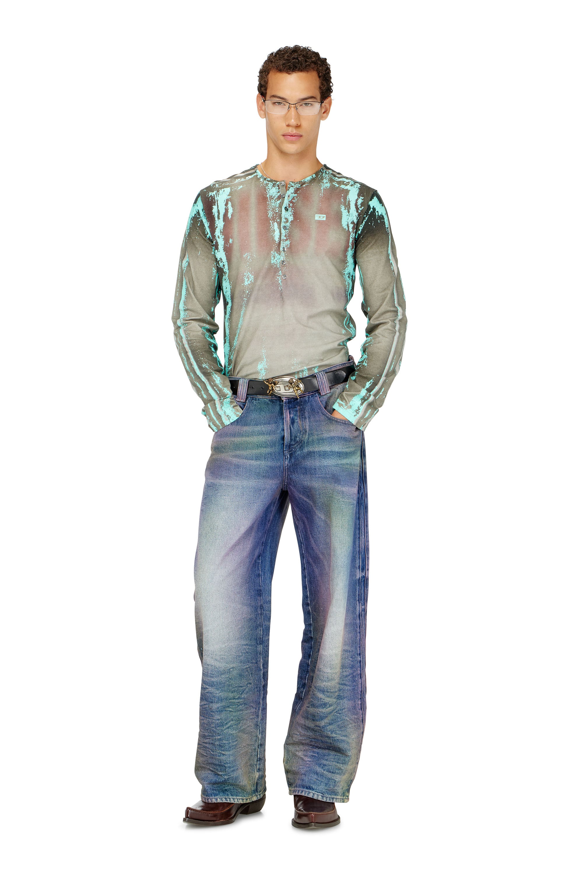 Diesel - T-FYNO-ML, Herren Grandad T-Shirt aus Jersey mit Leder-Crack-Effekt in null - 2