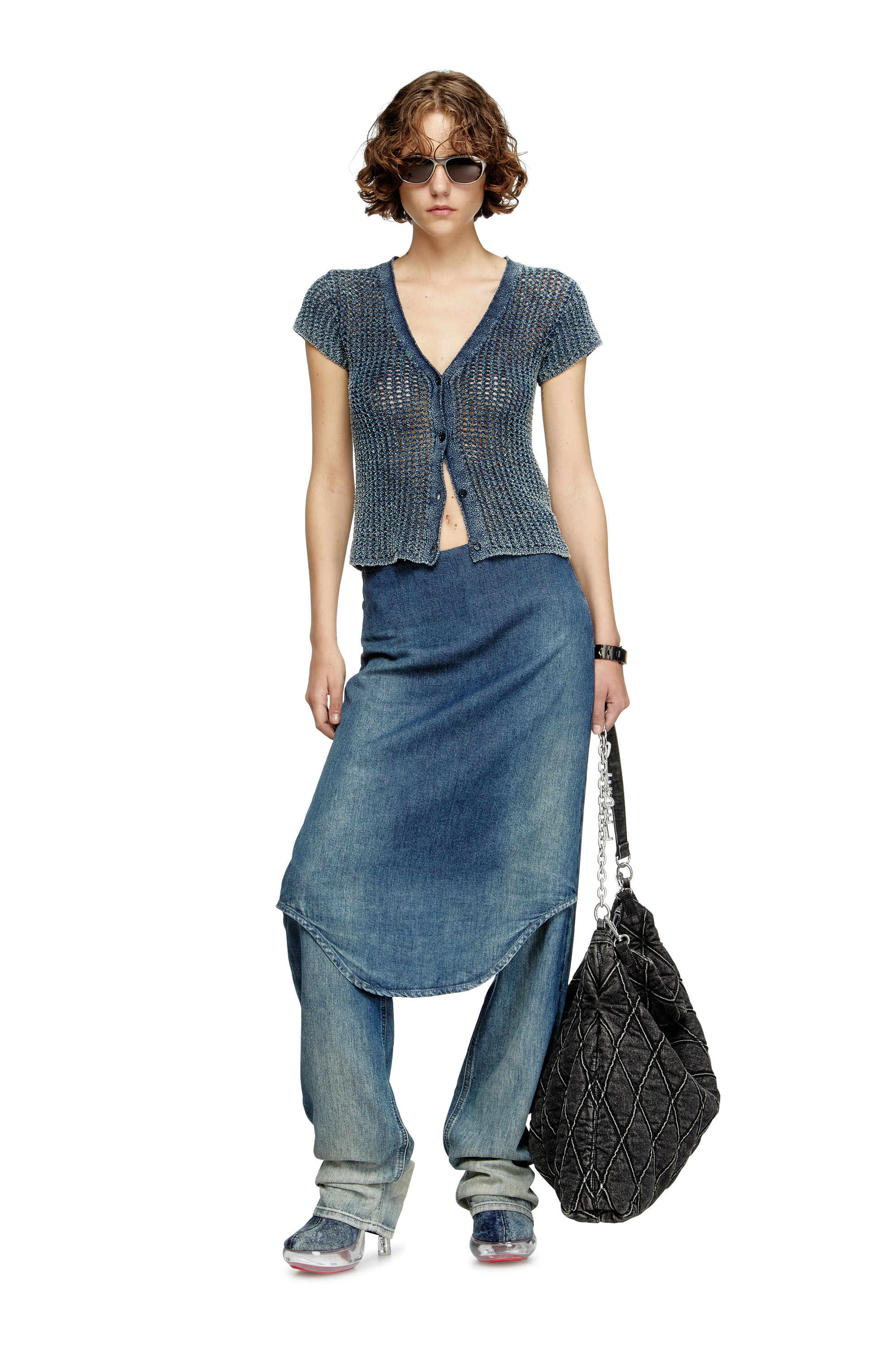 Diesel - M-REZ, Damen Kurzarm-Cardigan aus Denim-Mesh-Strick in Mittelblau - 2