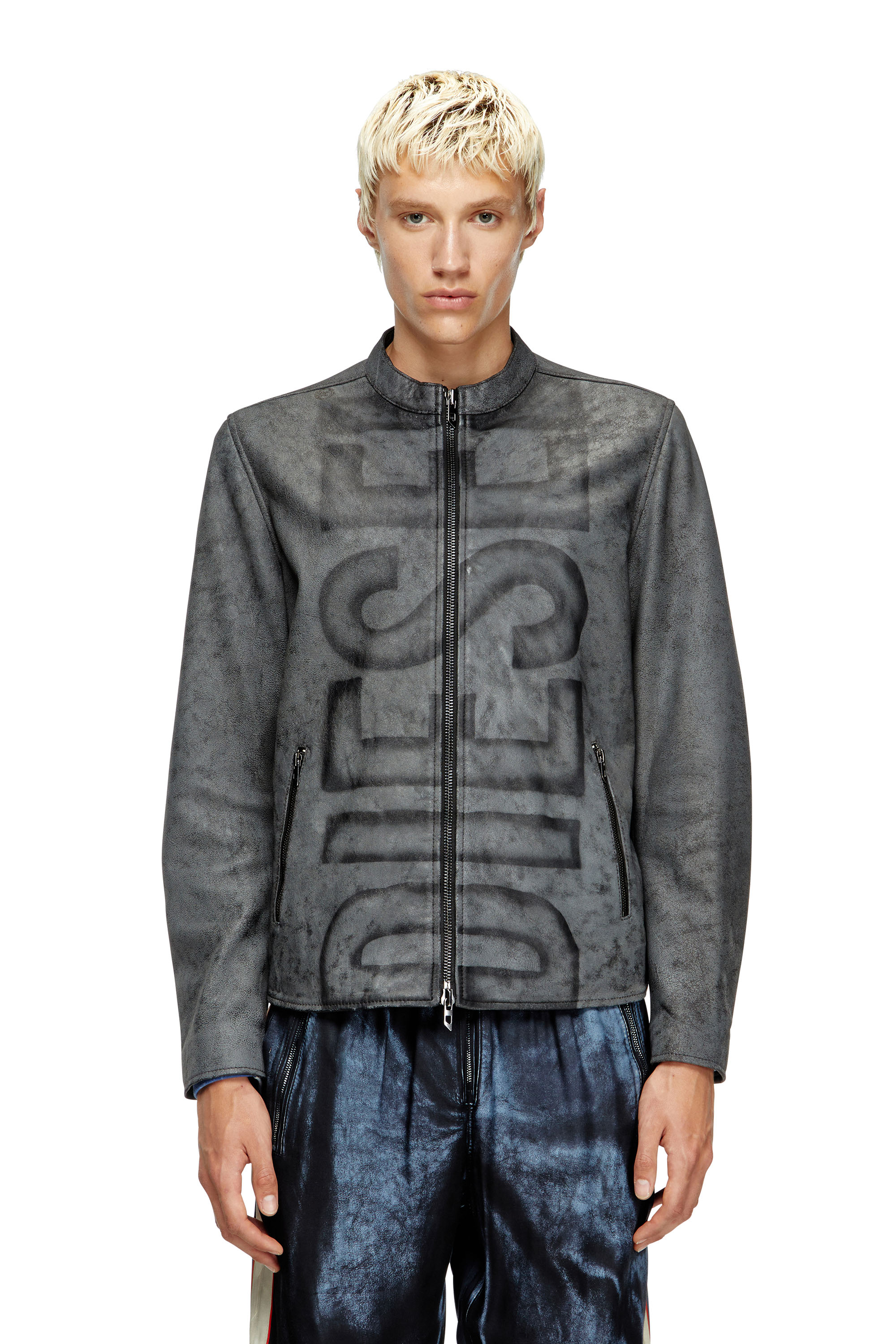 Diesel - L-EVERT-A, Herren Behandelte Bikerjacke aus Leder mit verblasstem Logo in Grau - 3