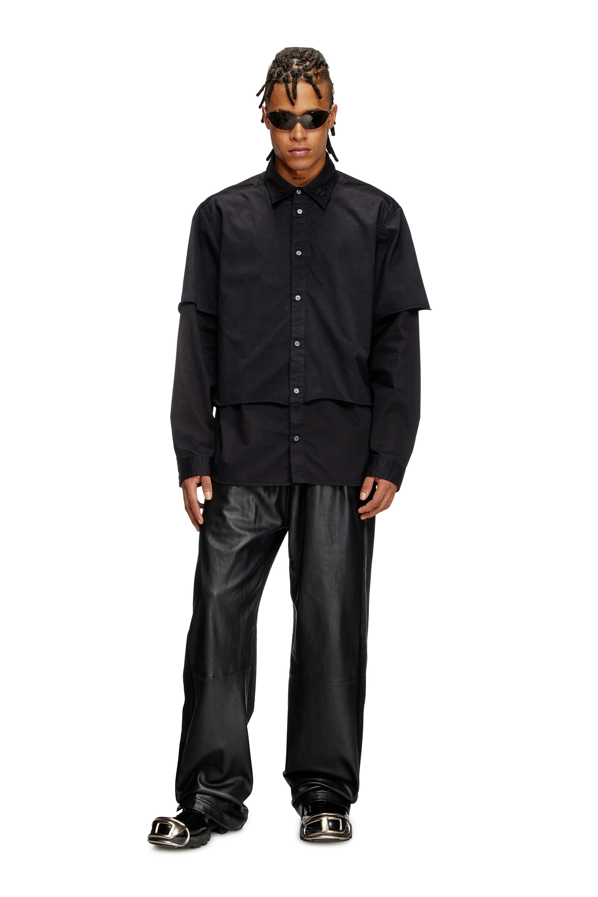 Diesel - S-GASTON-O, Herren Mehrlagiges Shirt aus Twill und Jersey in Schwarz - 2