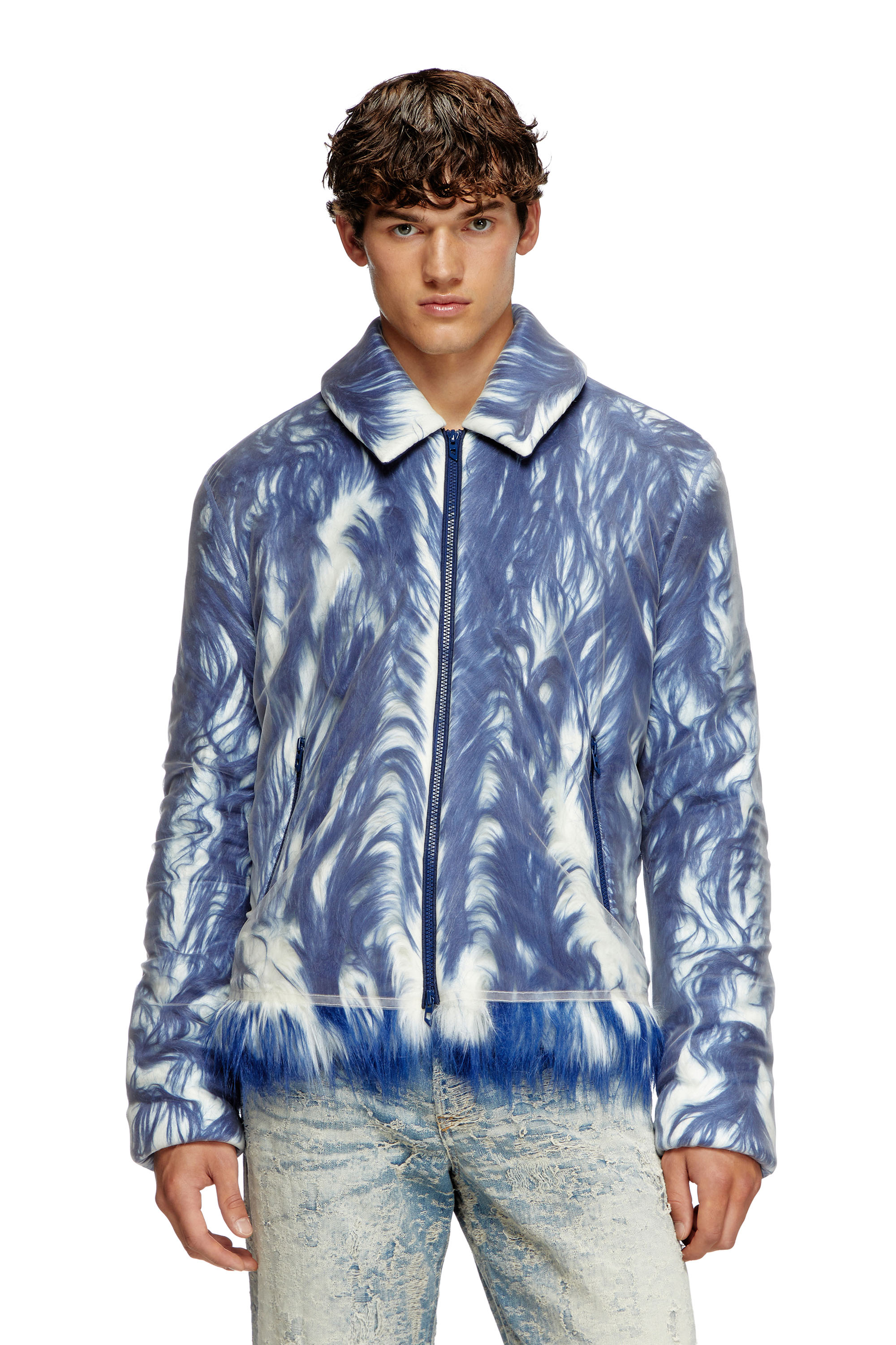 Diesel - W-WOUFY, Man's Fluffy jacket with sheer tulle overlay in Blue - 1