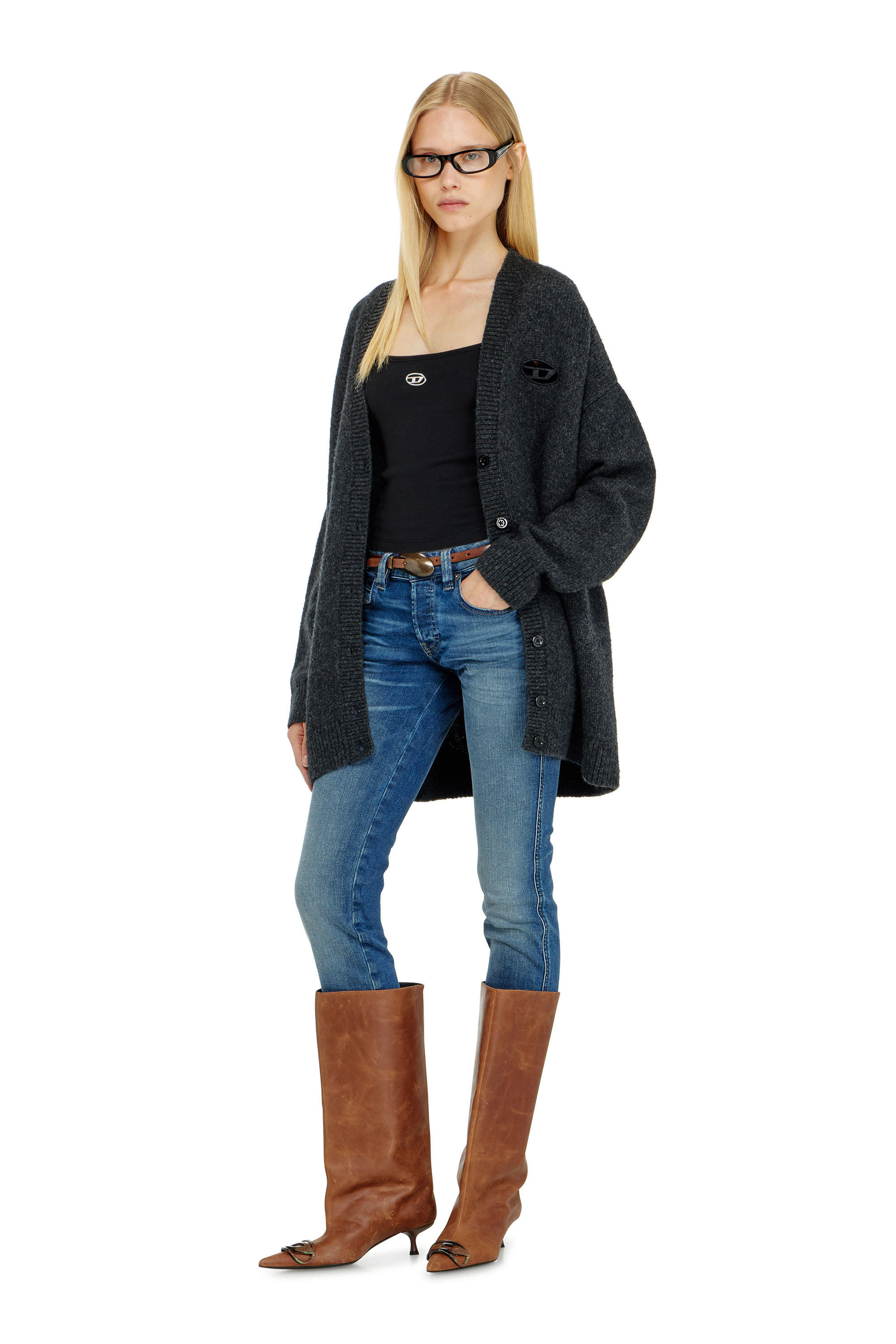 Diesel - T-HUPY-OD, Damen Rippen-Top mit metallicfarbenem Oval D in Schwarz - 2