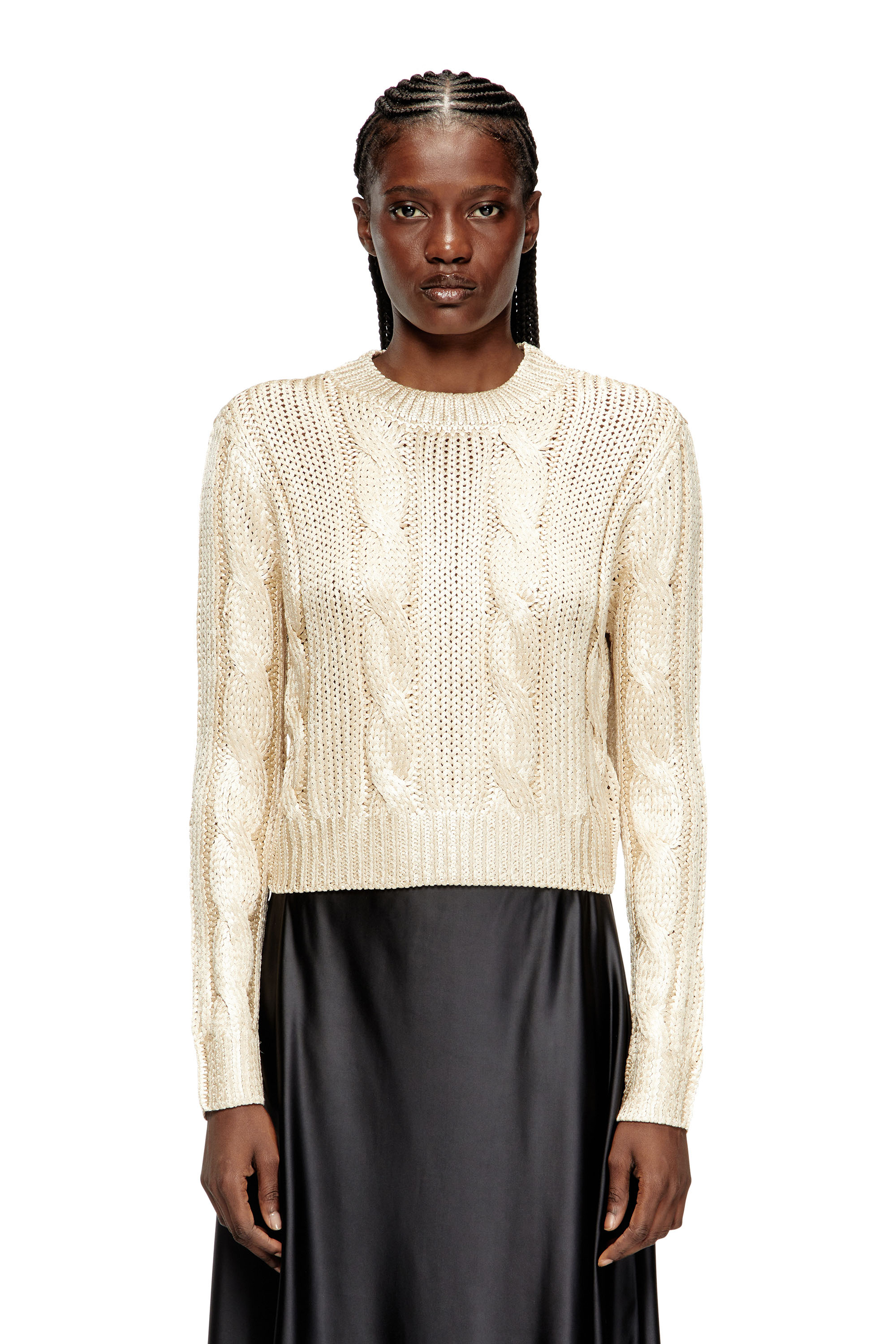 Diesel - M-MICCHA, Damen Pullover mit Zopf-Muster und Glanzeffekt in Beige - 1