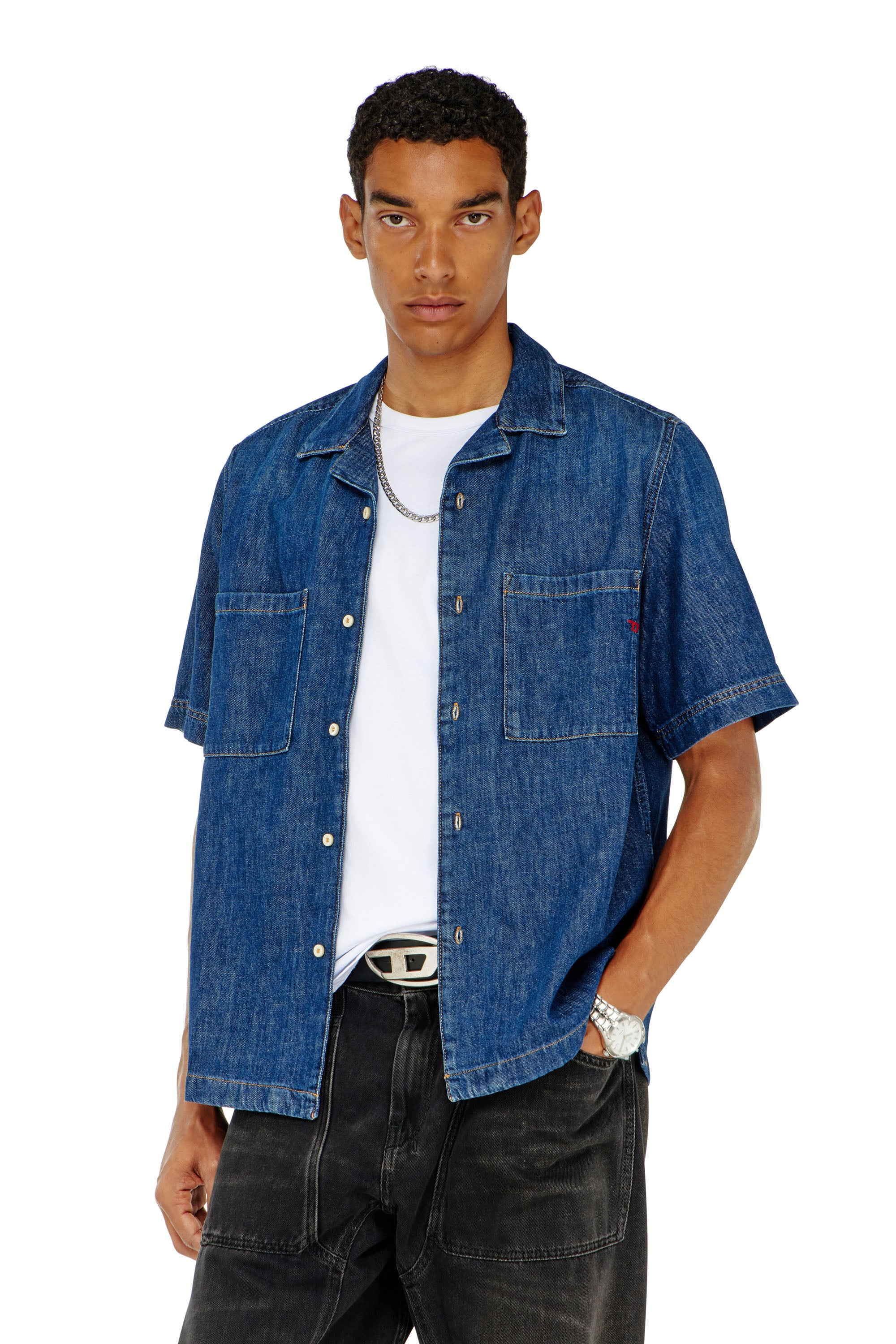 Diesel - D-PAROSHORT, Herren Bowling-Shirt aus Denim in Dunkelblau - 3