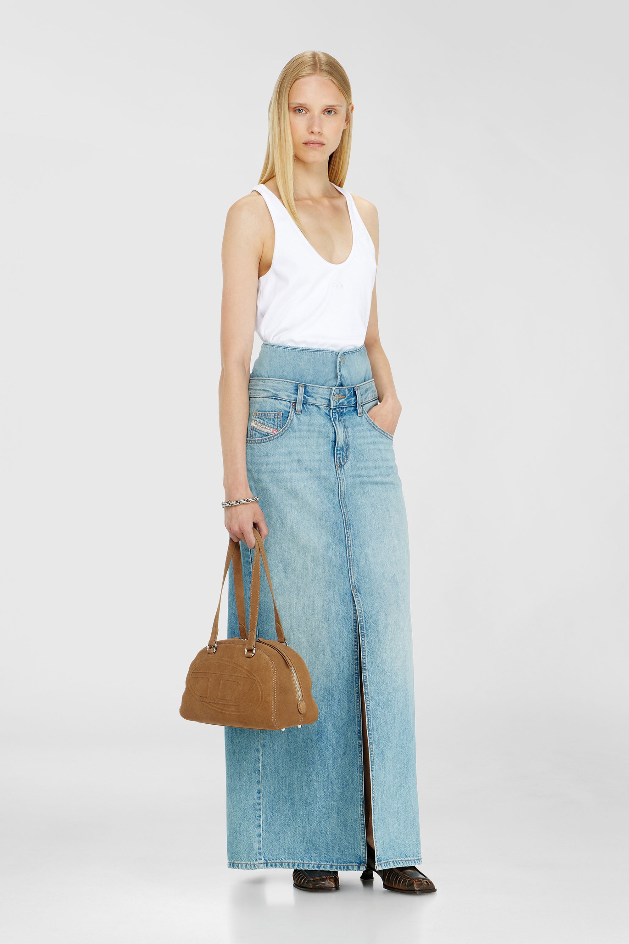 Diesel - DE-SPIVEY, Damen Jeans-Illusion Denim-Maxirock mit Schlitzen in Hellblau - 1