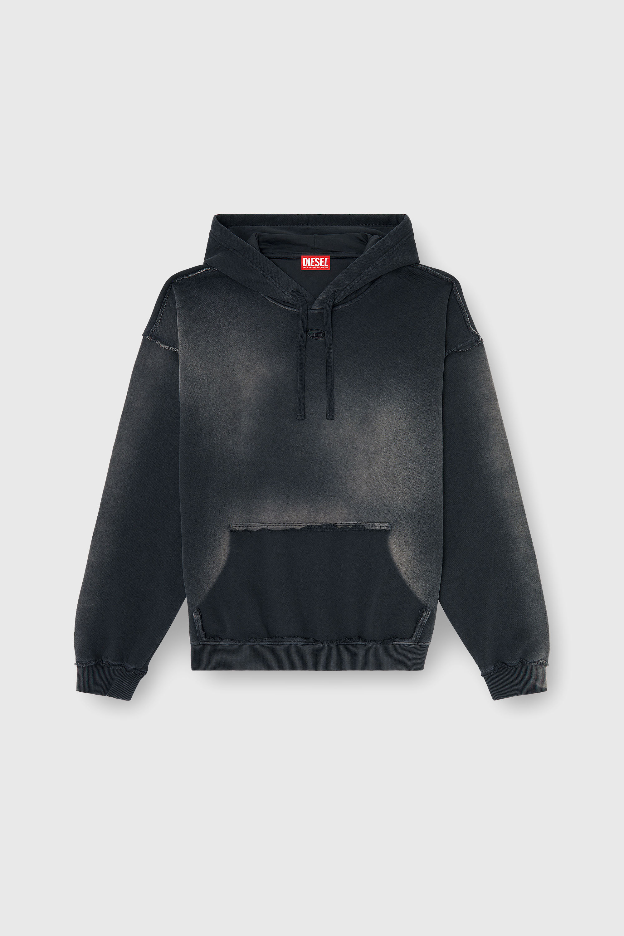 Diesel - S-POCK-HOOD, Herren Verblasster Baumwoll-Hoodie mit ausgefransten Details in Schwarz/Grau - 2