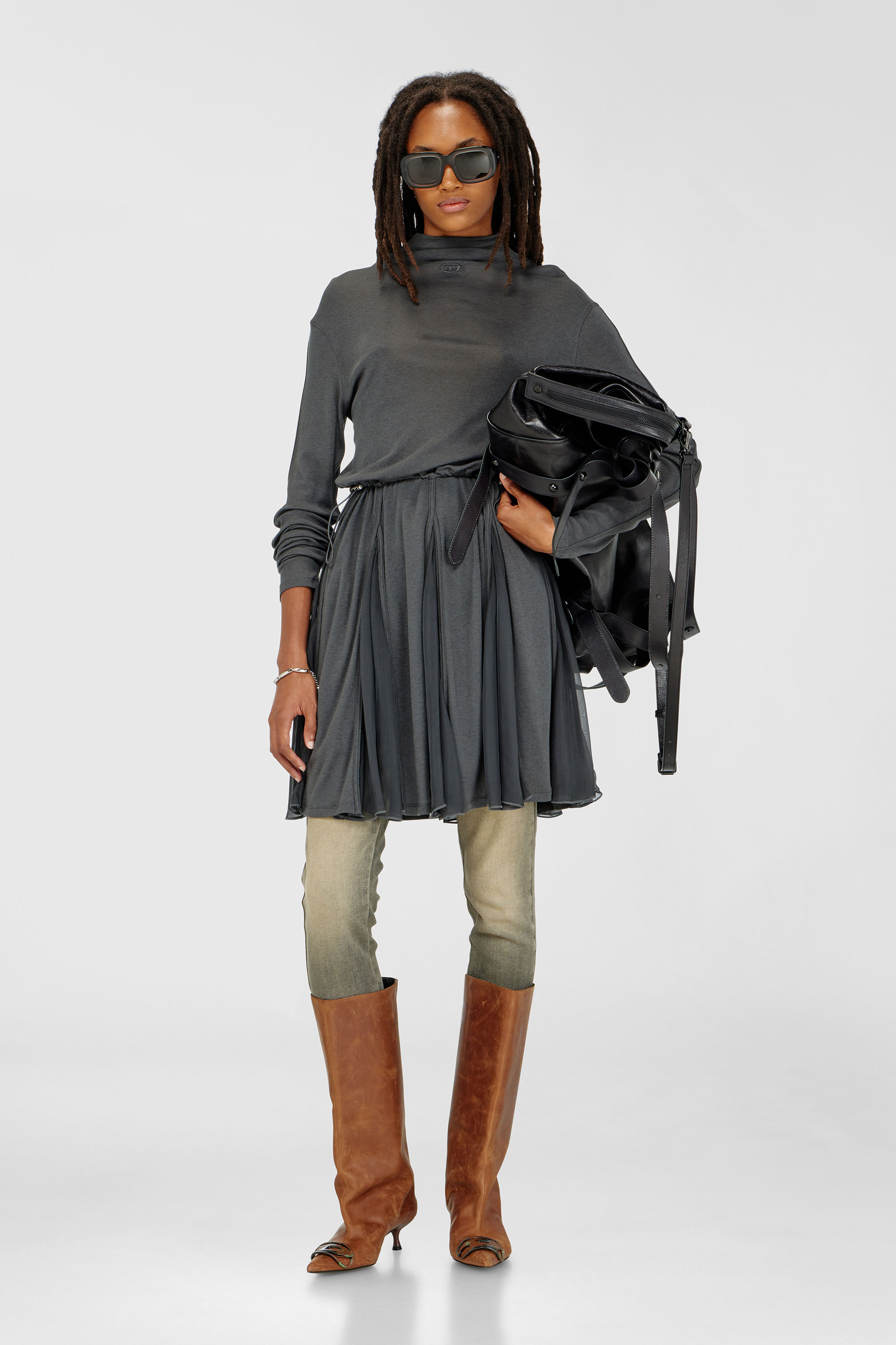 Diesel - D-REI, Damen Rollkragen-Minikleid aus Jersey und Chiffon in Grau - 2