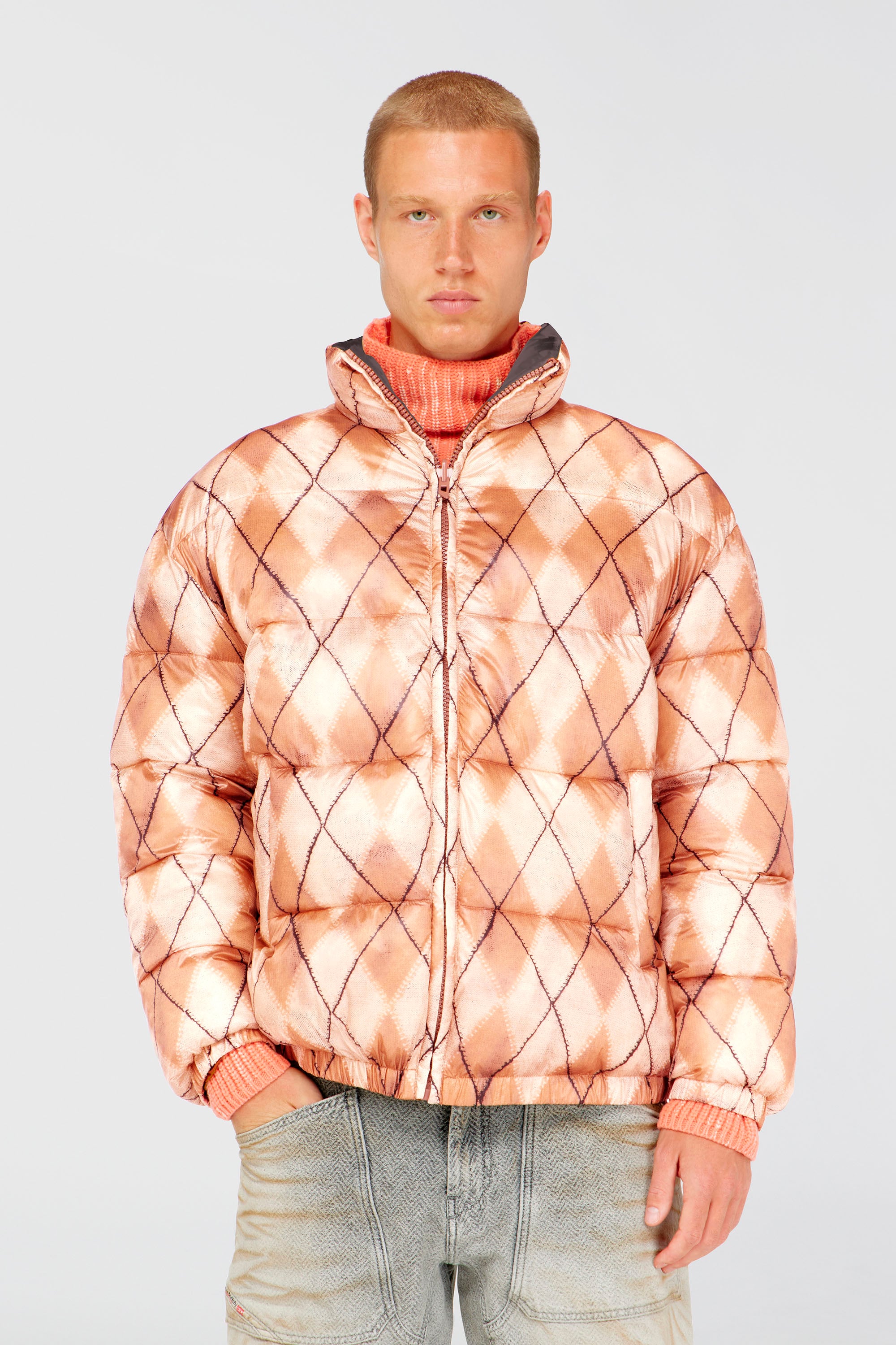 Diesel - W-BOURB-DLCK, Herren Wendbare Steppjacke mit argyle-print in Beige/Grau - 1