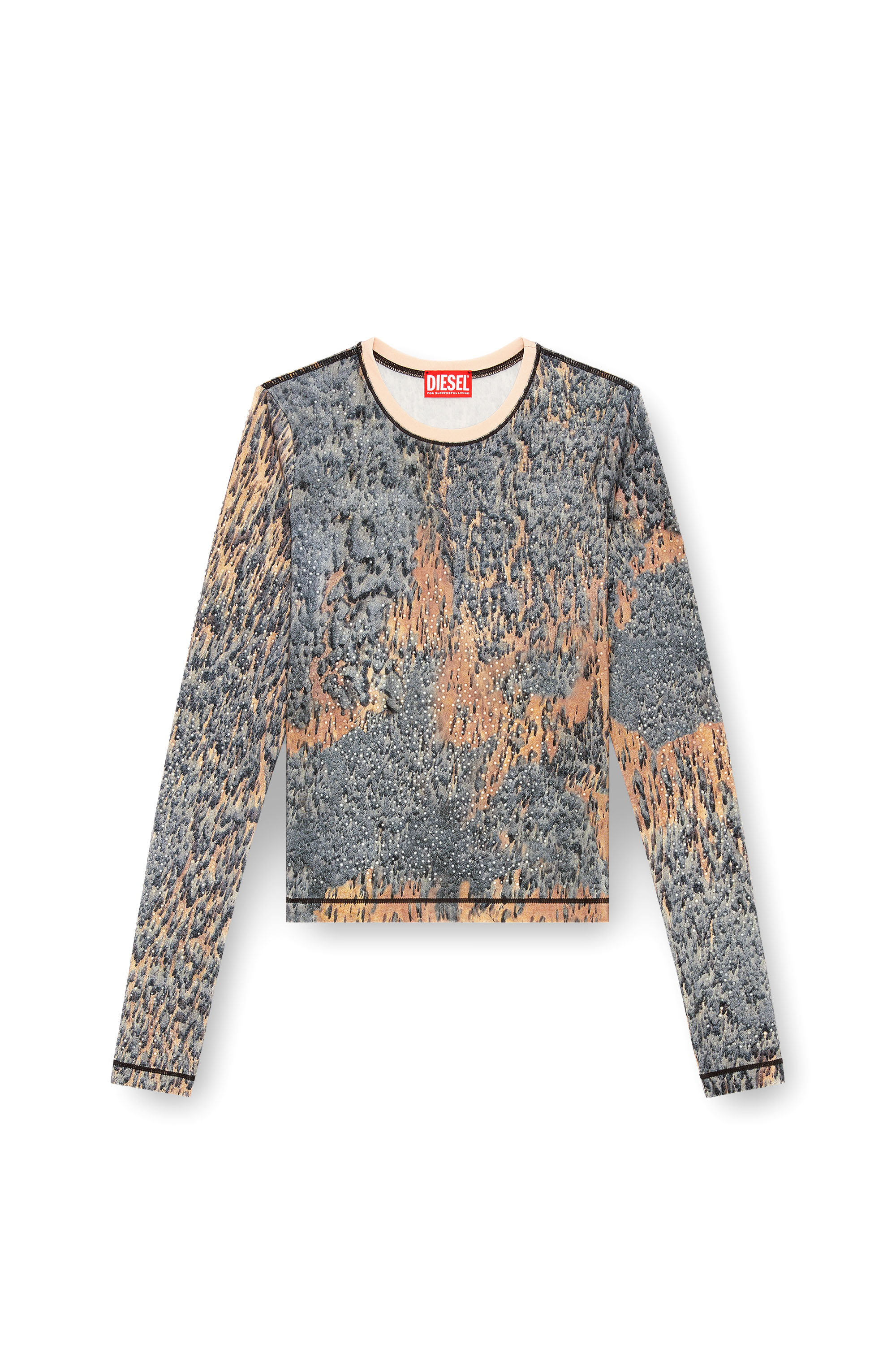 Diesel - T-CUTIE-LS, Damen Top mit Kristallen und Rain Camo-Print in Beige/Grau - 3