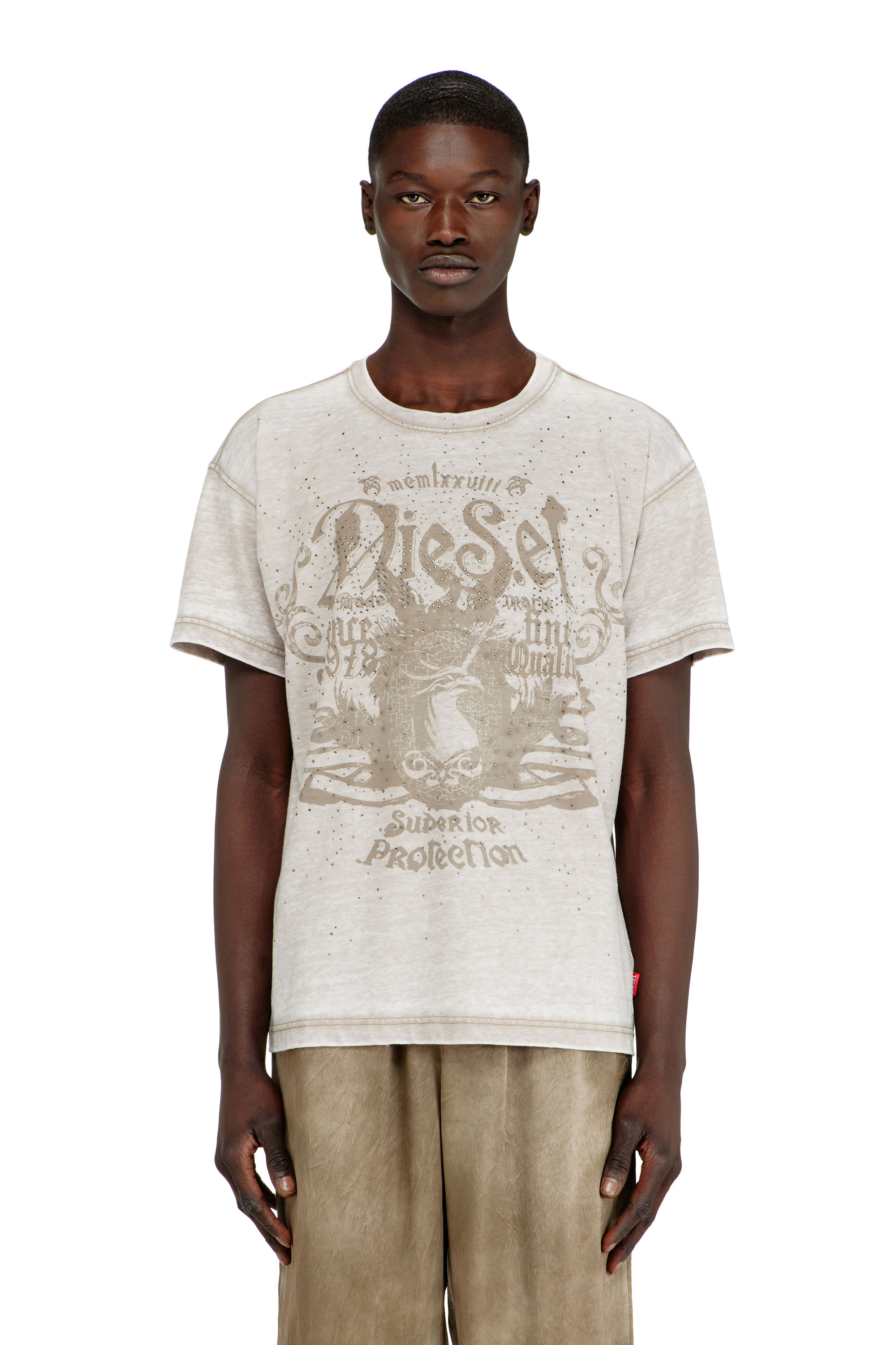 Diesel - T-NORM-AA8, Herren Jersey-T-Shirt mit burnout wash und Nieten in Beige - 3