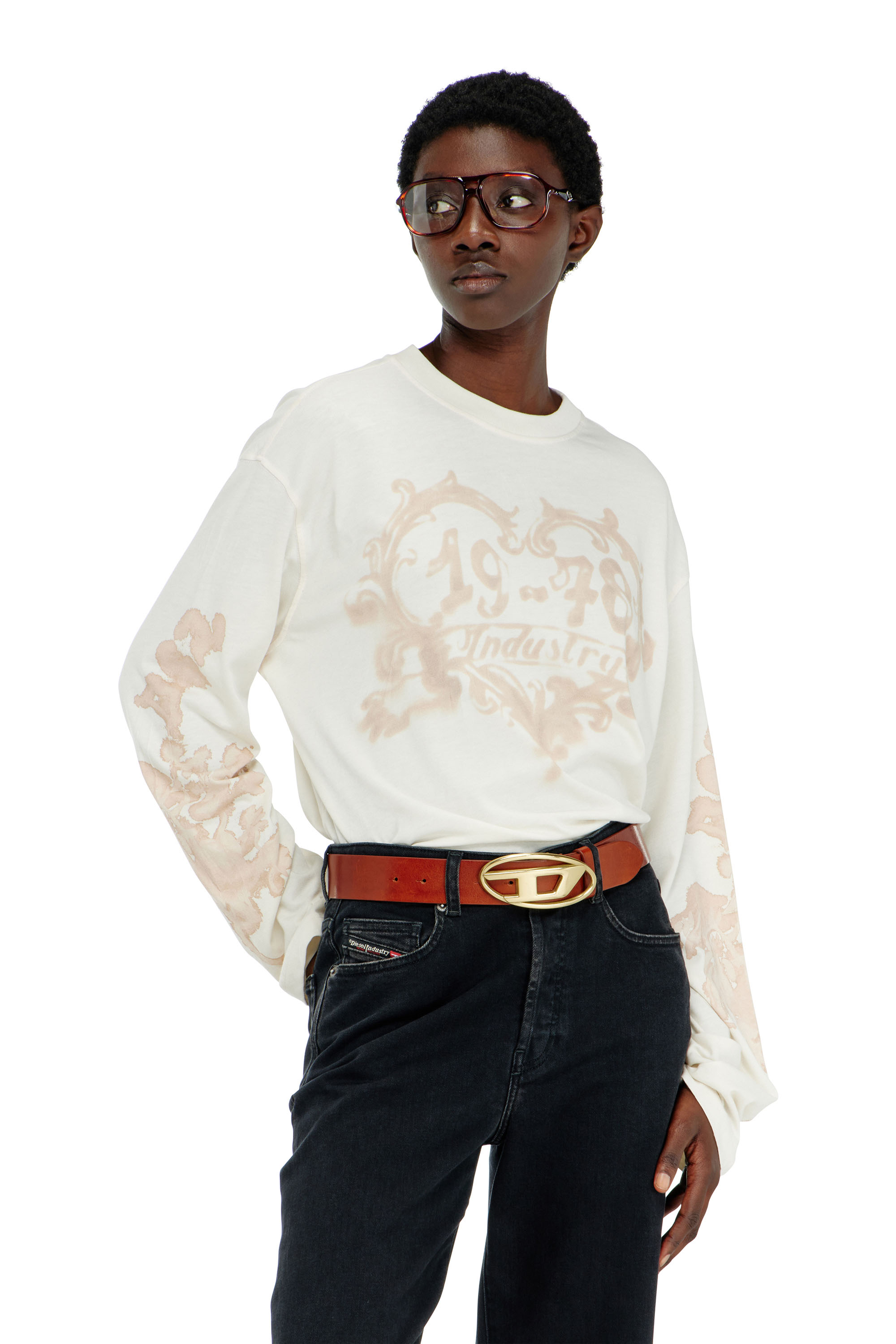 Diesel - T-HILARY-LS-AA1, Damen Langarmshirt aus Baumwolle mit Grafikprint in Weiss/Rosa - 3