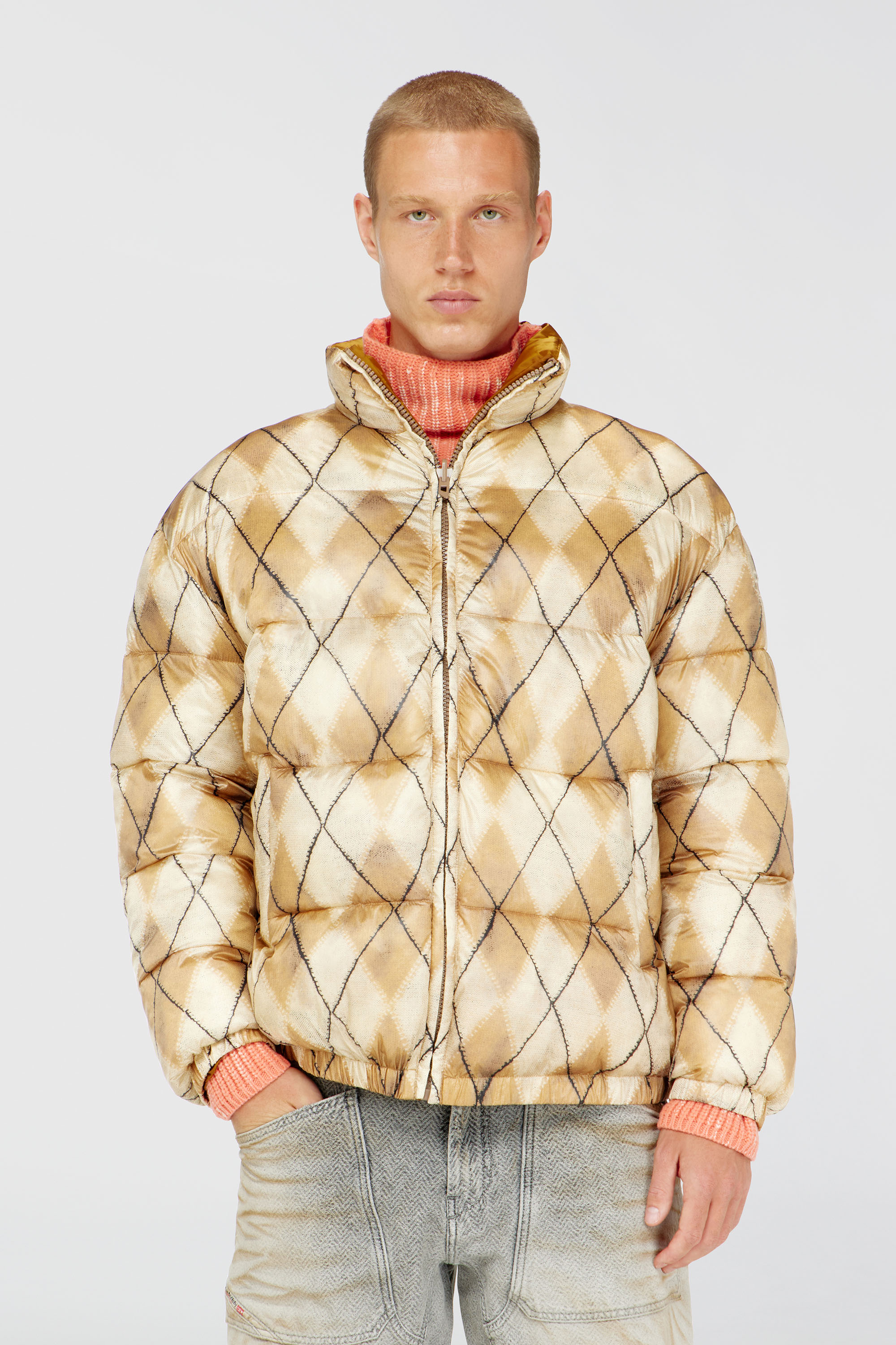 Diesel - W-BOURB-DLCK, Herren Wendbare Steppjacke mit argyle-print in Beige/Braun - 1