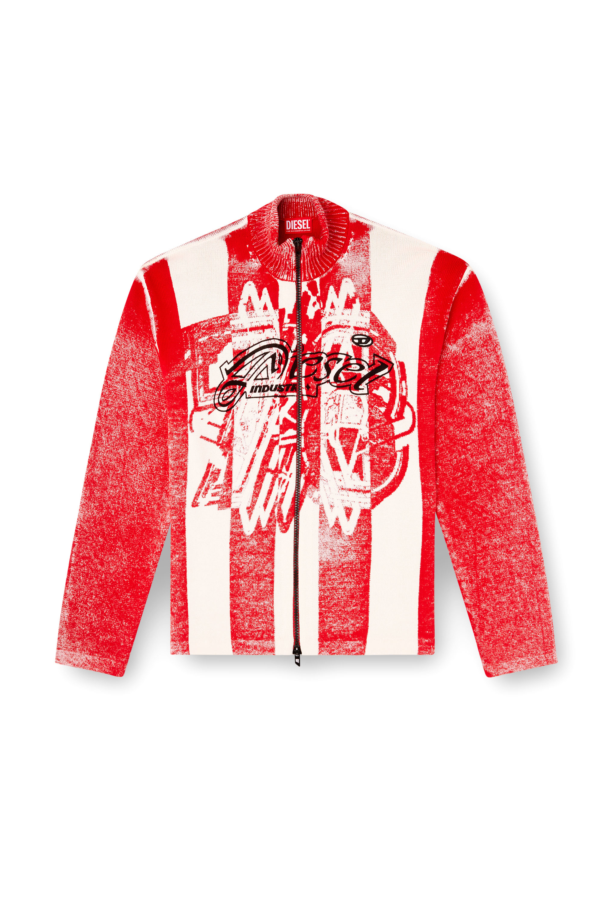 Diesel - K-OLIBA-JKT, Herren Gestreifter Reißverschluss-Cardigan mit Innen-Print in Rot/Weiss - 3