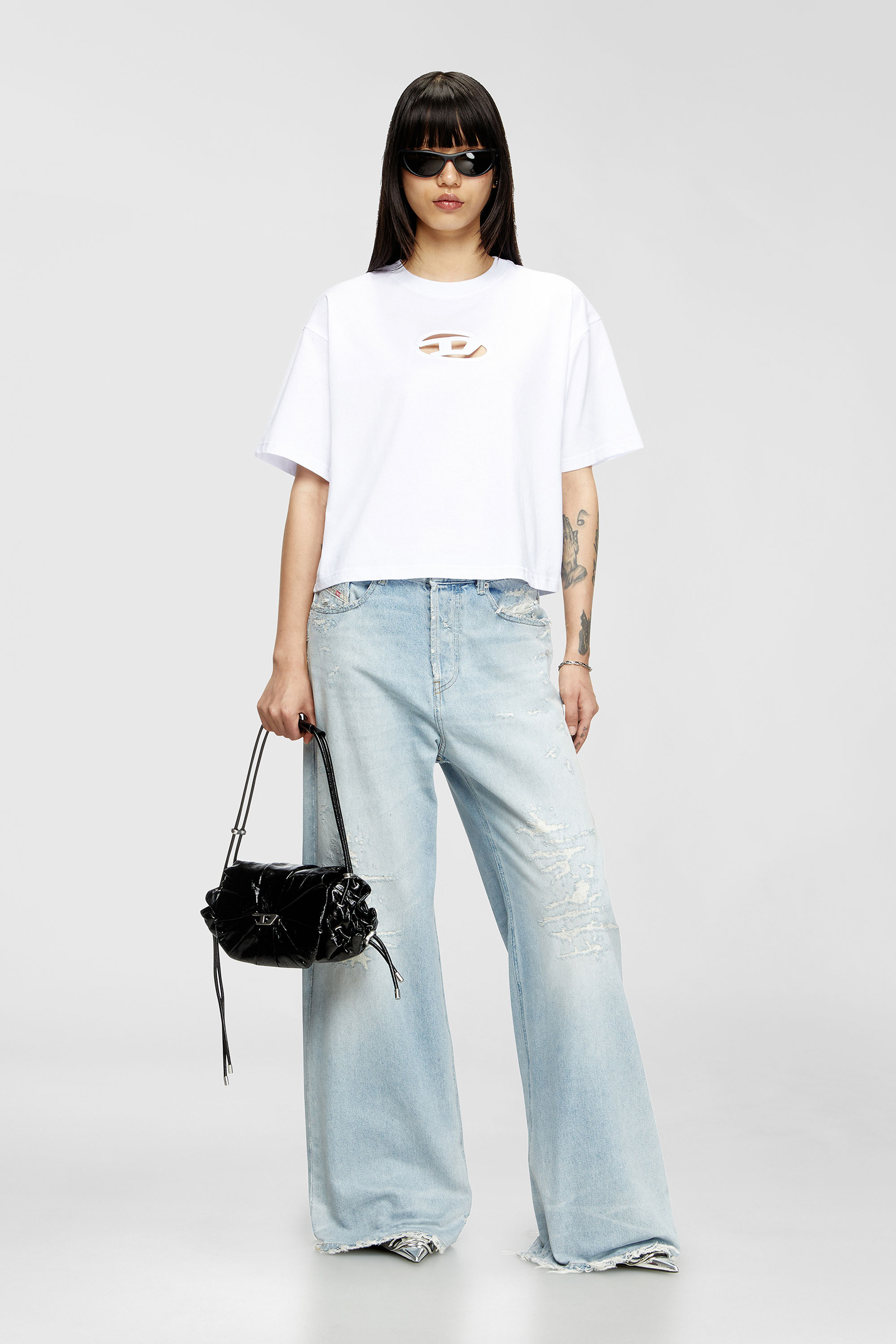 Diesel - T-BUXT-CROP-OD, Woman's Boxy T-shirt with cut-out Oval D logo in White - 2