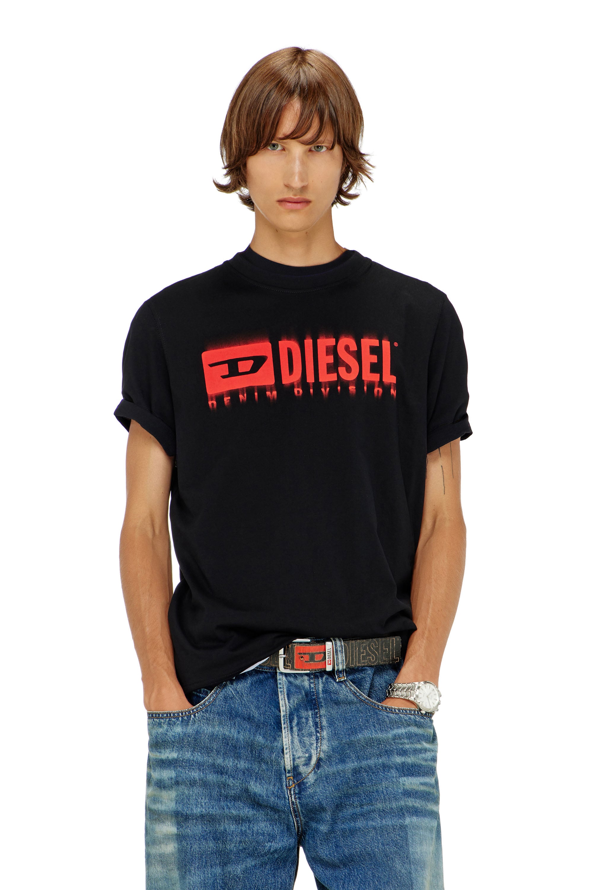 Diesel - T-ADJUST-Q7, Herren T-Shirt mit verschwommenem Diesel-Logo in Schwarz - 1