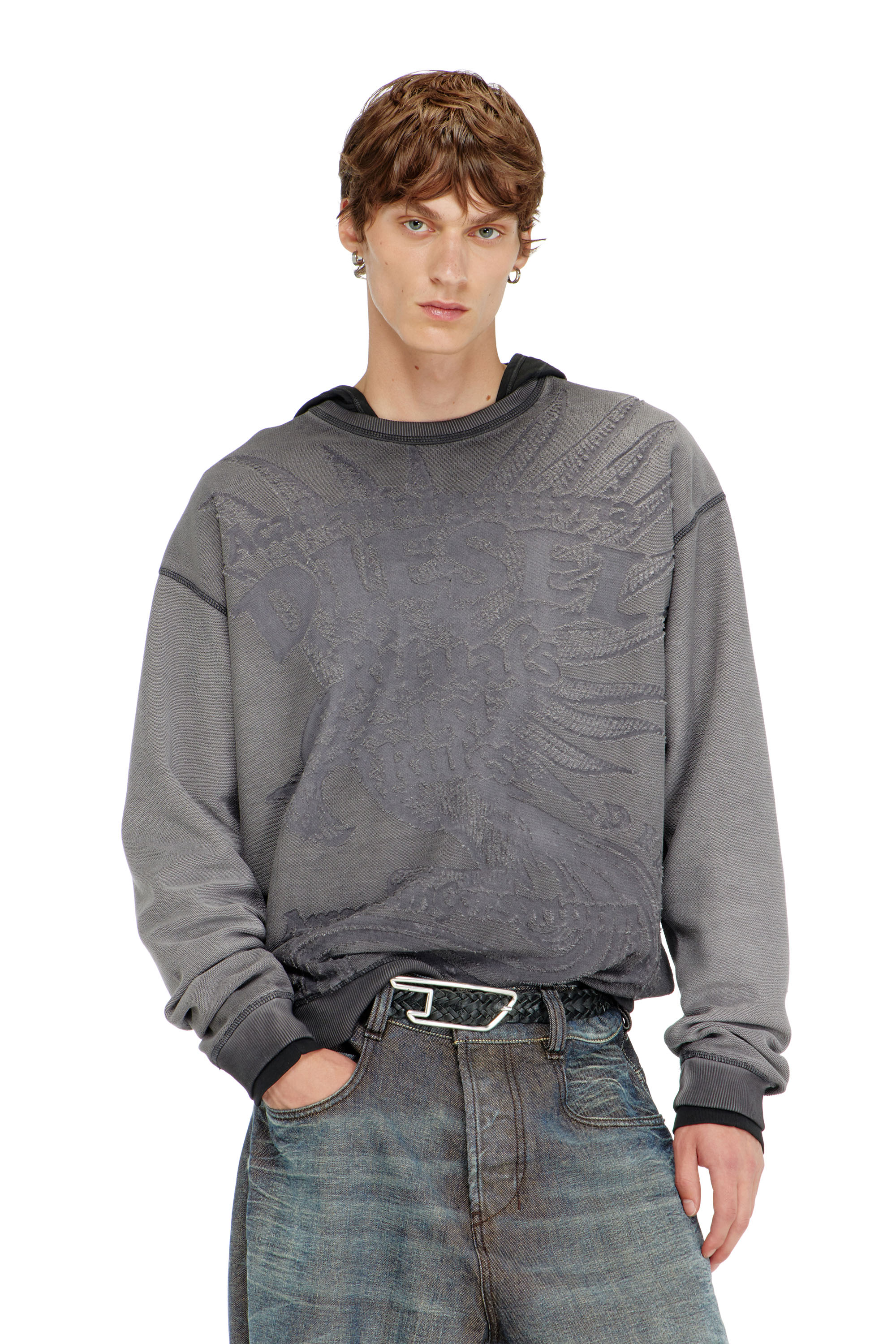 Diesel - S-ARON-RAW, Herren Sweatshirt mit d&eacute;vor&eacute;-Print in Dunkelgrau - 1