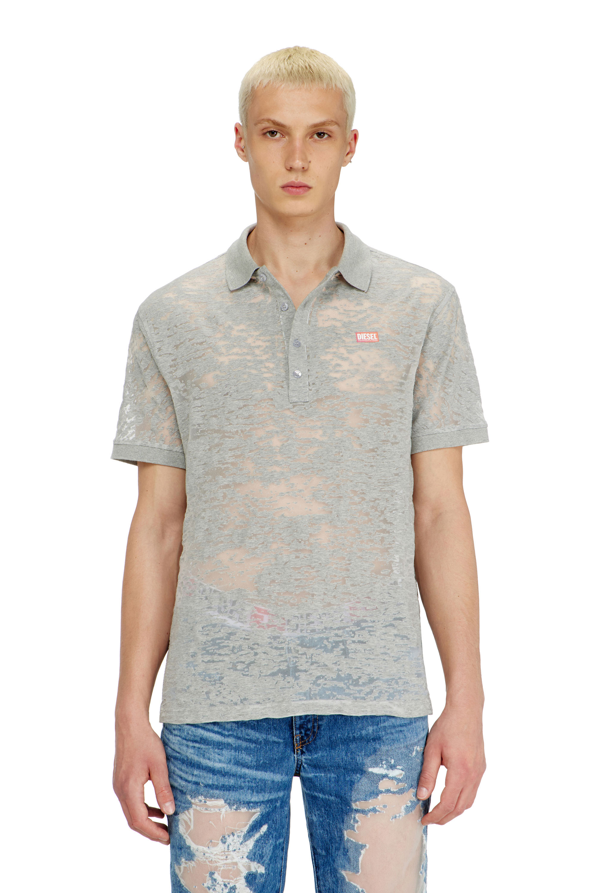 Diesel - PR-T-REJUST, Herren Poloshirt aus all-over devor&eacute;-Jersey in Hellgrau - 1
