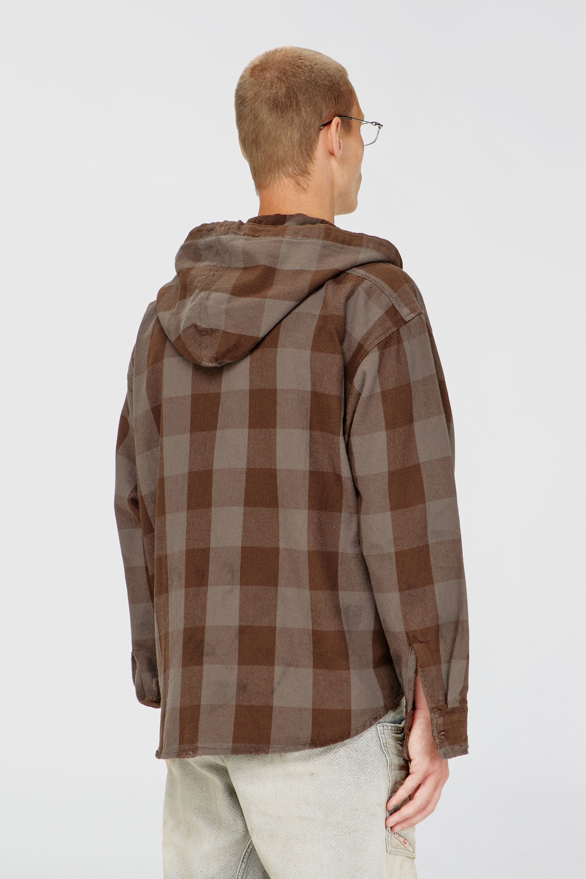 Diesel - S-DRUM-HOODY, Herren Kapuzenshirt aus distressed kariertem Flanell in Braun - 4