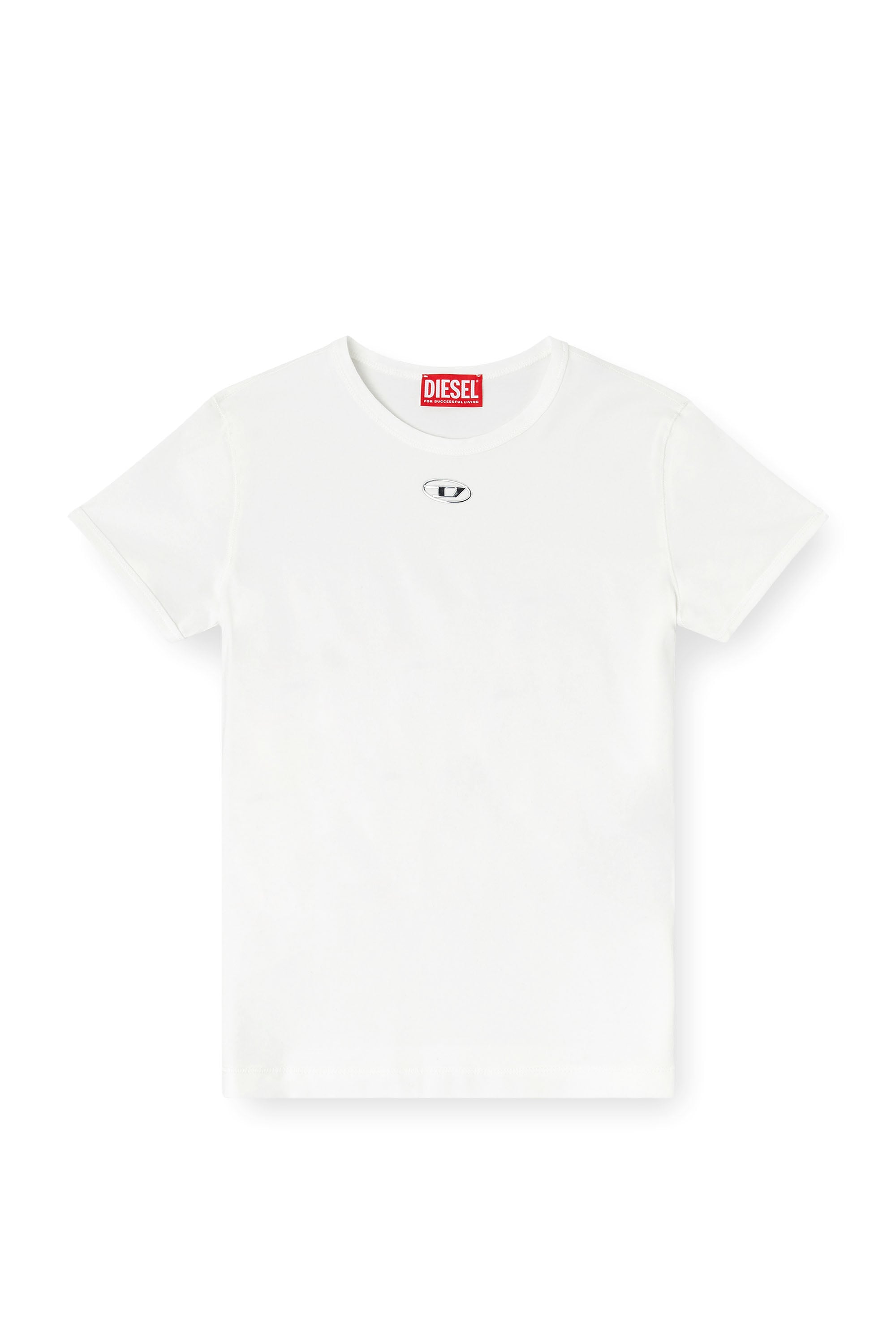 Diesel - T-UNCUTIESLONG-OD, Damen Schmal geschnittenes T-Shirt mit metallischem Oval D in Wei&szlig; - 3