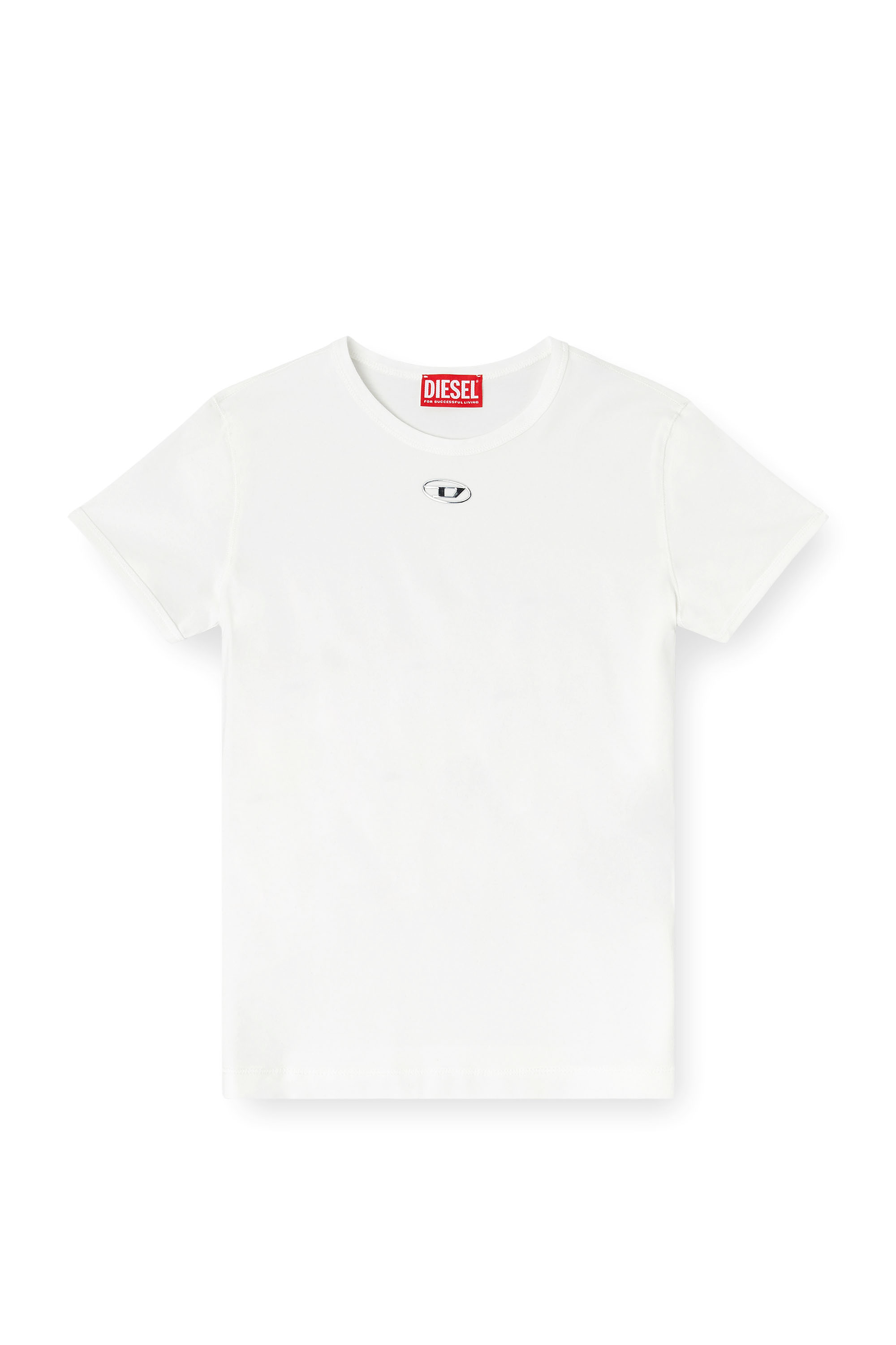 Diesel - T-UNCUTIESLONG-OD, Damen Schmal geschnittenes T-Shirt mit metallischem Oval D in Wei&szlig; - 2