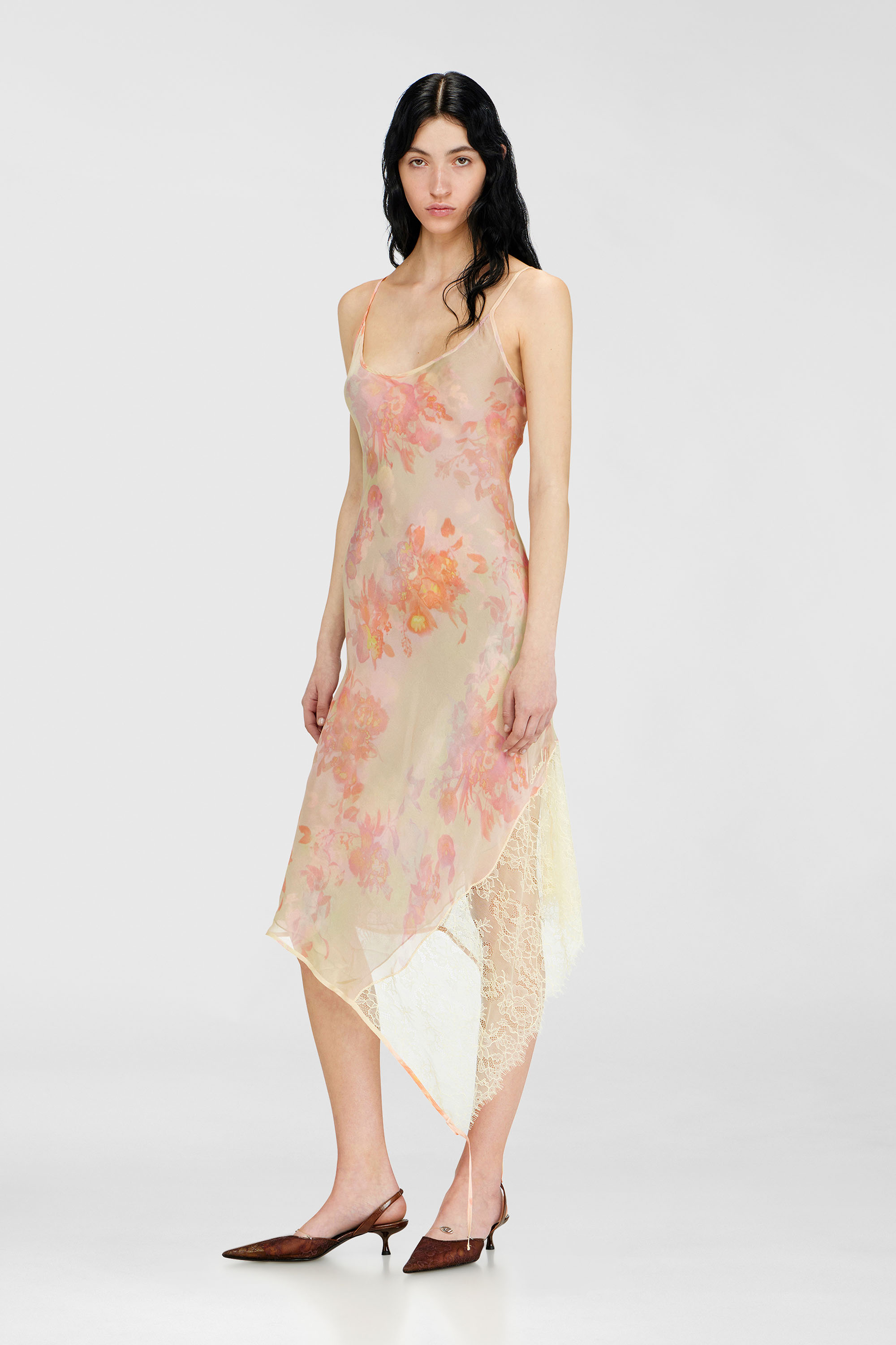 Diesel - D-ANCEL, Damen Midikleid aus Satin mit Blumenmuster und Spitzenbesatz in Rosa/Gelb - 1