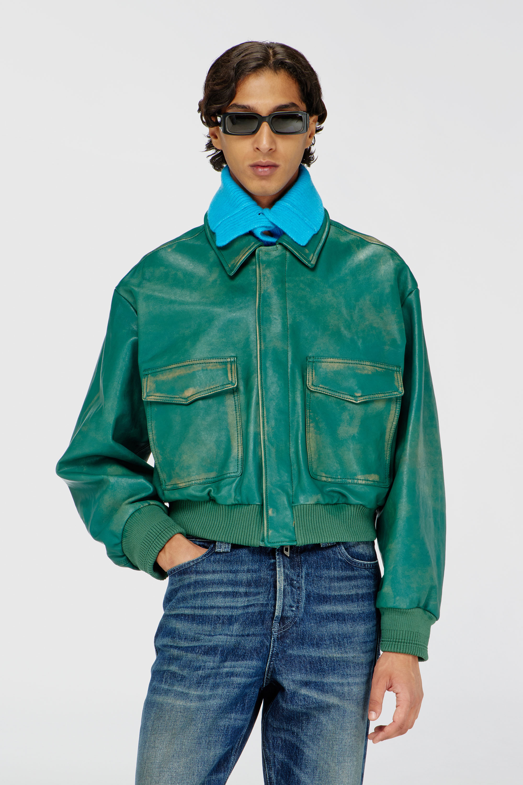 Diesel - L-UMAN, Herren Aviator-Jacke aus behandeltem Leder in Dunkelgr&uuml;n - 1