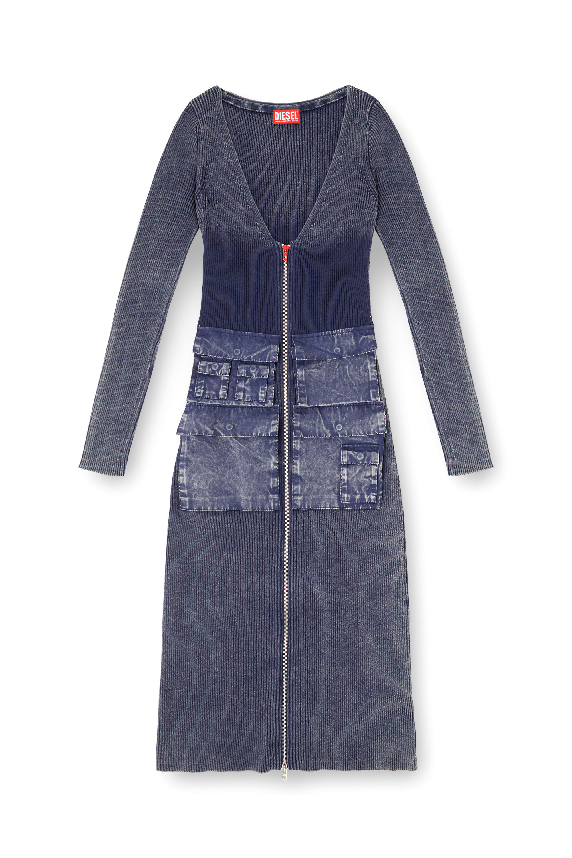 Diesel - M-MELTI-LS, Damen Geripptes Midikleid mit Denim-Behandlung in Blau - 2