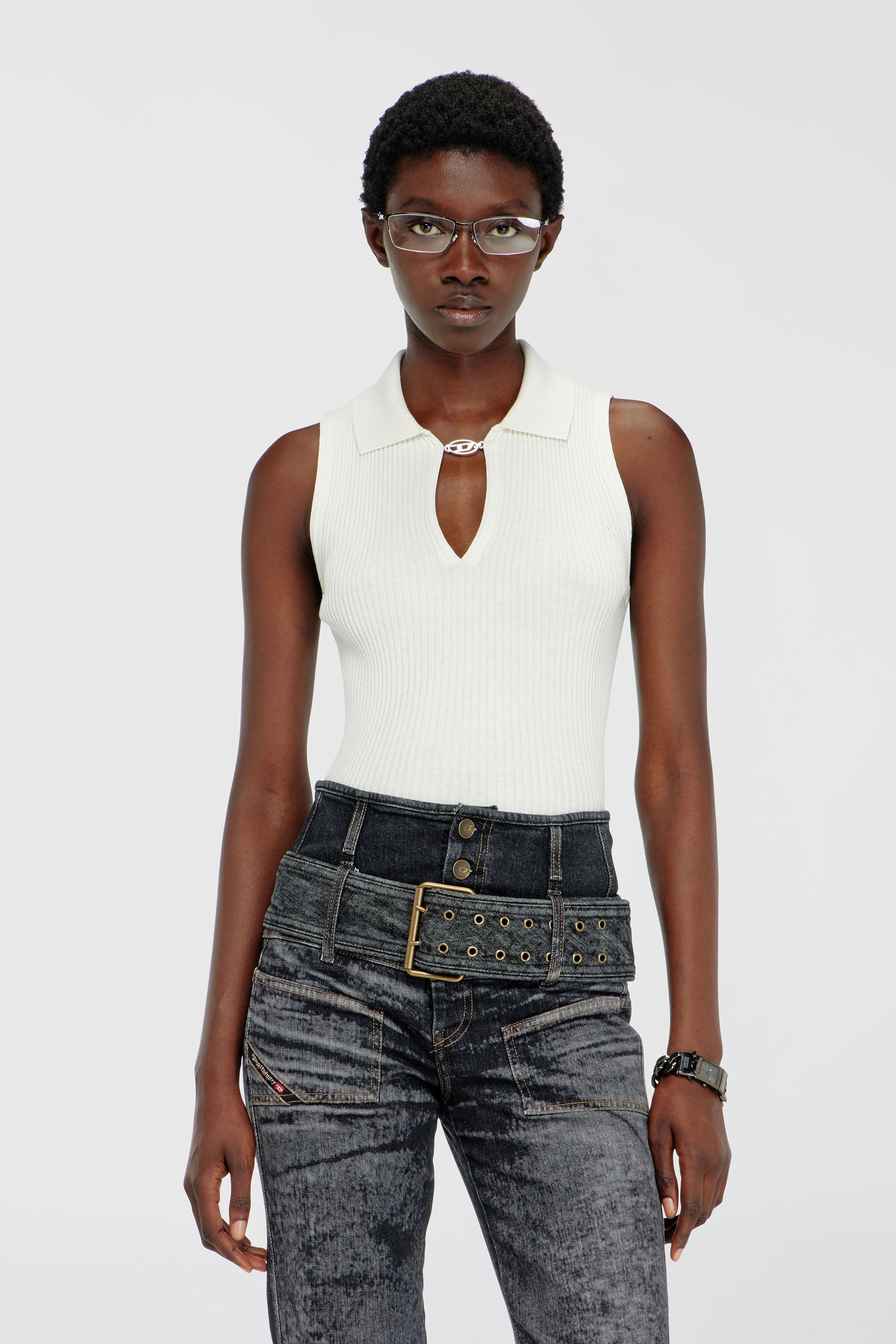 Diesel - M-LILITA, Woman's Sleeveless rib-knit polo top in silk blend in White - 1