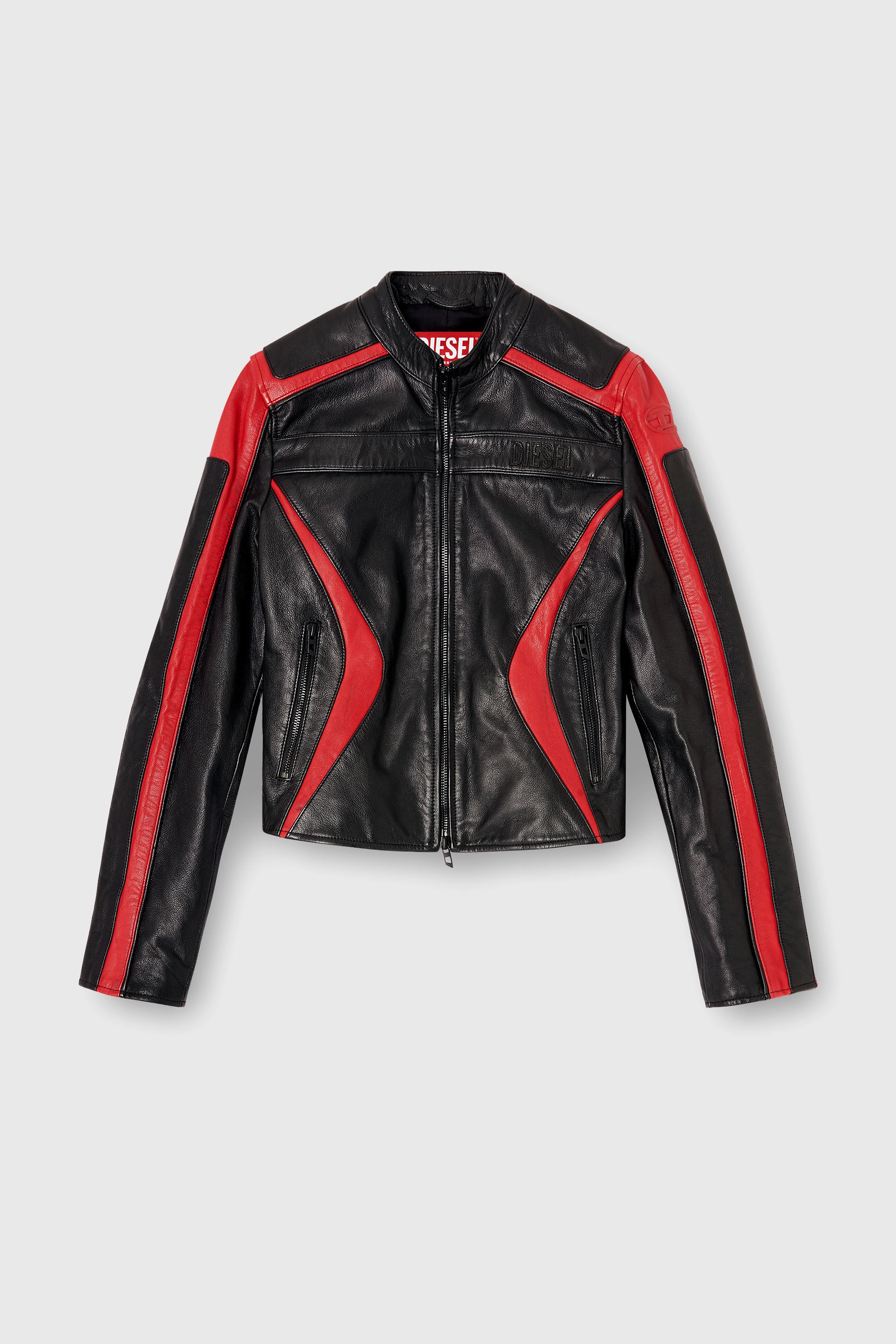 Diesel - L-OVABLE, Woman's Biker jacket in colour-block leather in Black/Red - 2