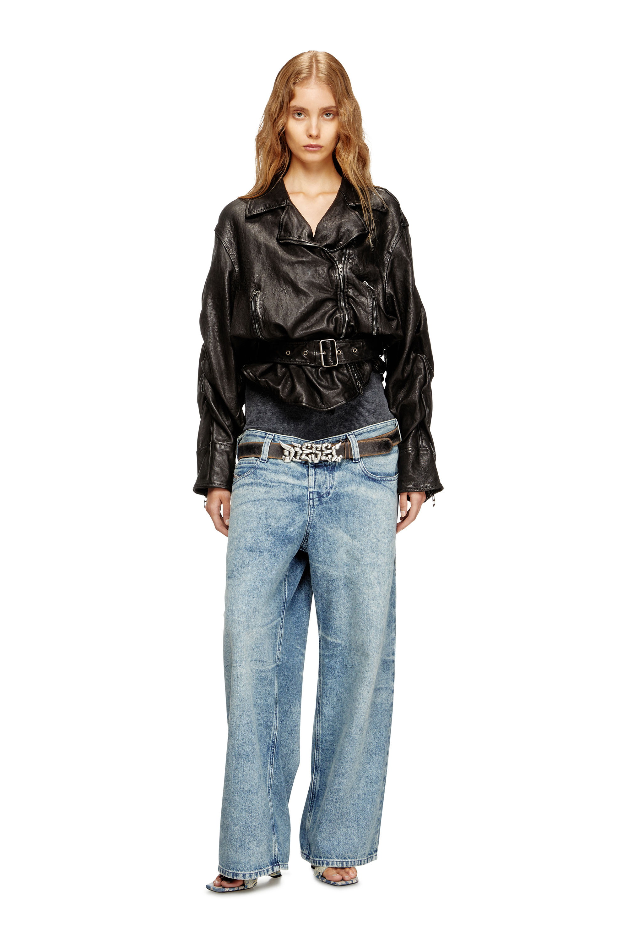 Diesel - L-OYS, Damen Jacke mit Gürtel aus thermischem Leder in Schwarz - 2