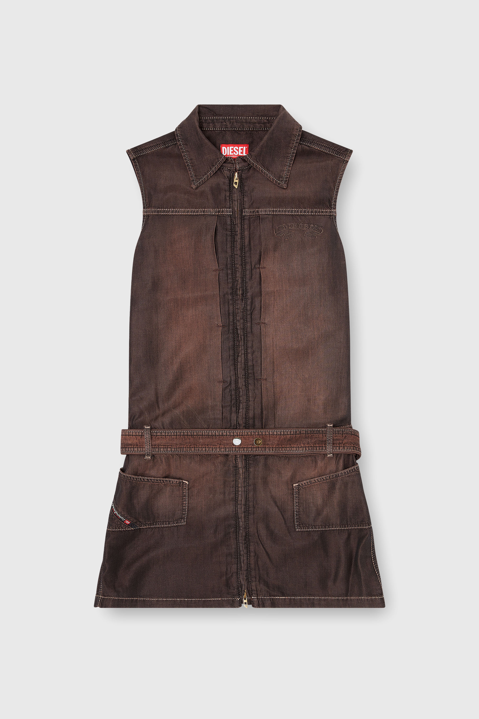 Diesel - DE-EDROS-S, Damen Minikleid aus flie&szlig;endem beschichtetem Denim in Braun - 1
