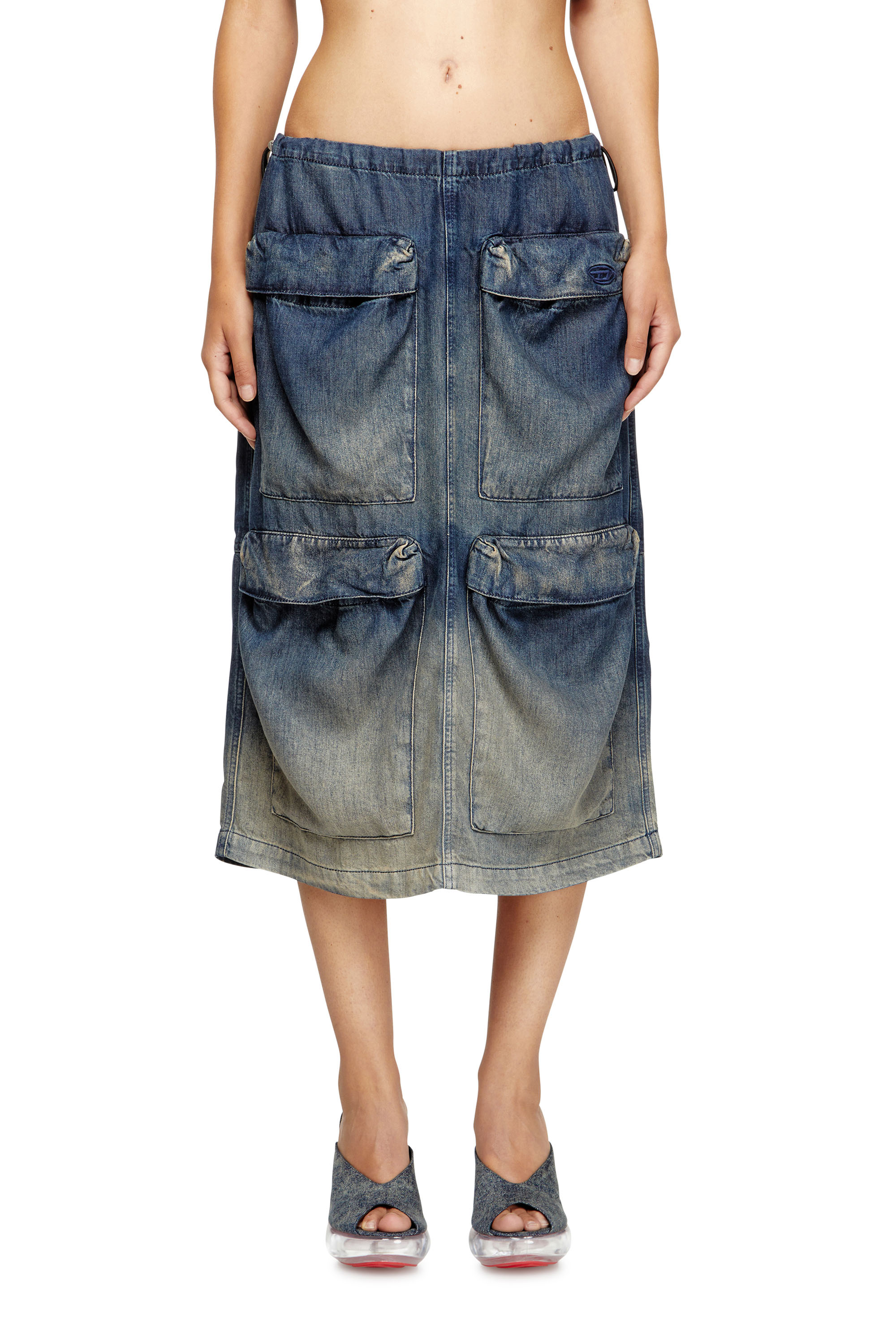 Diesel - DE-MEGI-S, Damen Midi-Rock aus fließendem Farbverlauf-Denim in Dunkelblau - 1
