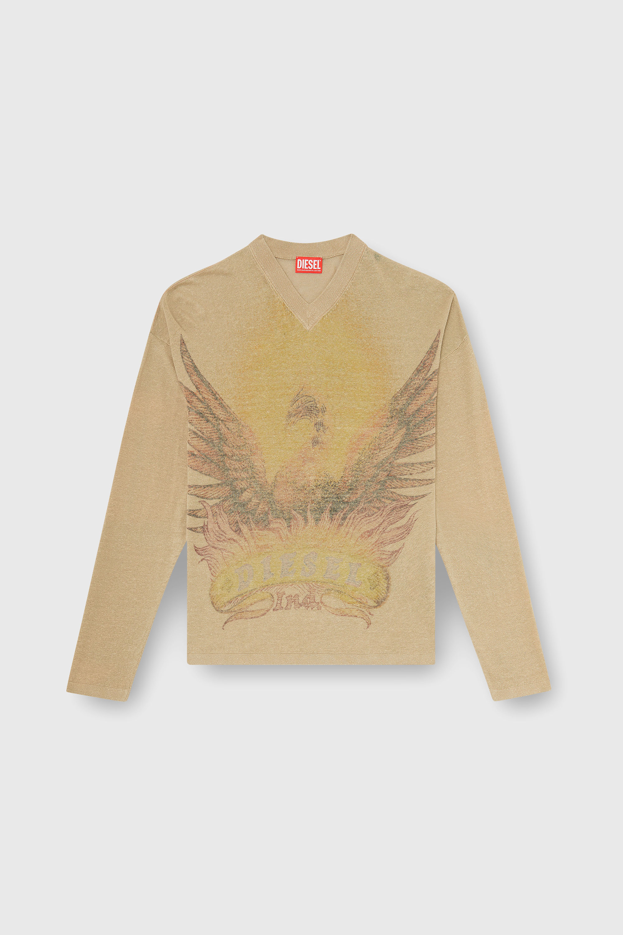 Diesel - K-ARMINS, Herren Leinenpullover mit verblasstem Phoenix-Print in Beige - 2