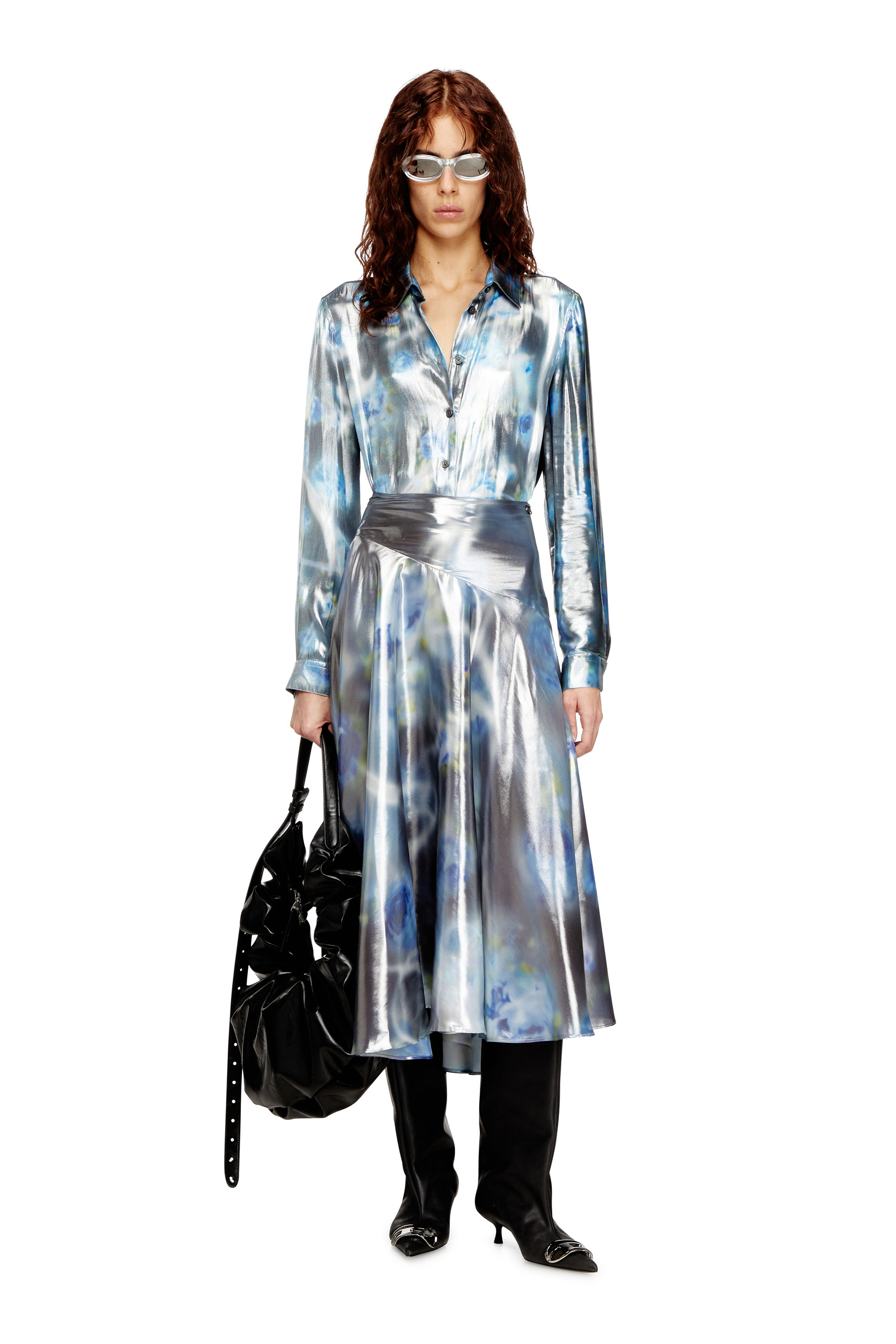 Diesel - O-ZULIE-S2, Damen Metallischer Midirock mit verschwommenem Rosenmuster in null - 2