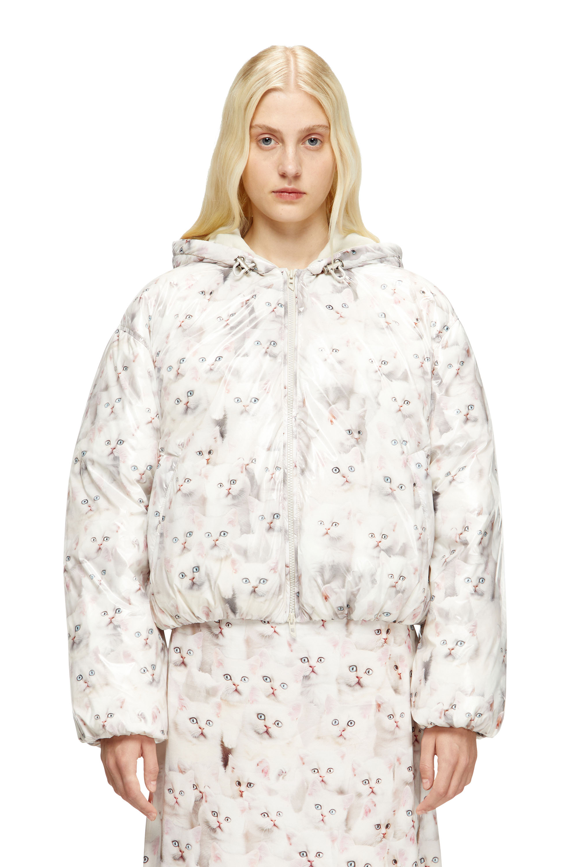 Diesel - W-INNER-R1, Damen Wattierte Jacke mit Katzen-Print in Weiß - 1