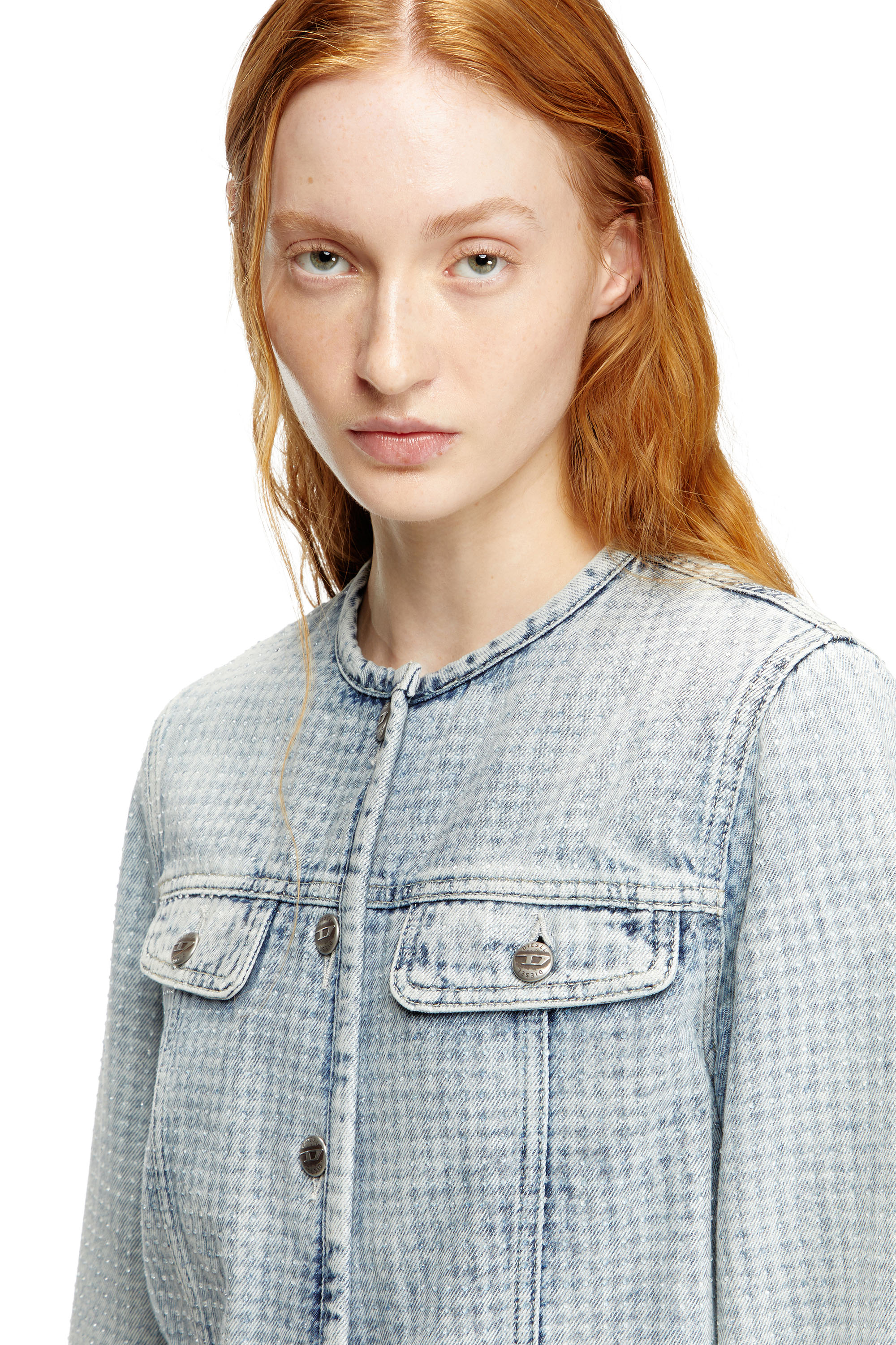 Diesel - DE-GRAFY-S, Damen Jacke aus grafischem Denim mit Kristallen in Hellblau - 5