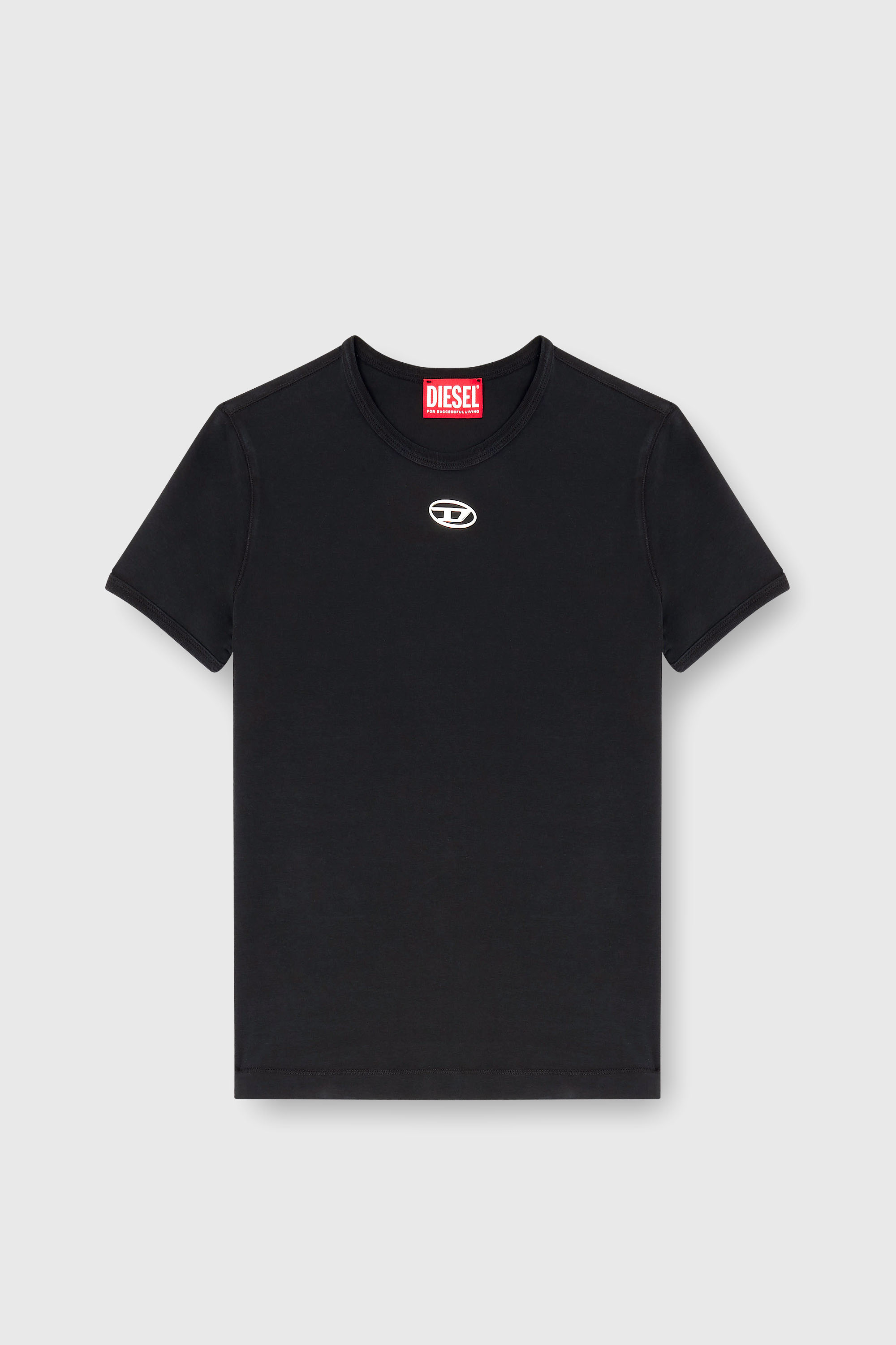 Diesel - T-UNCUTIESLONG-OD, Damen Schmal geschnittenes T-Shirt mit metallischem Oval D in Schwarz - 2