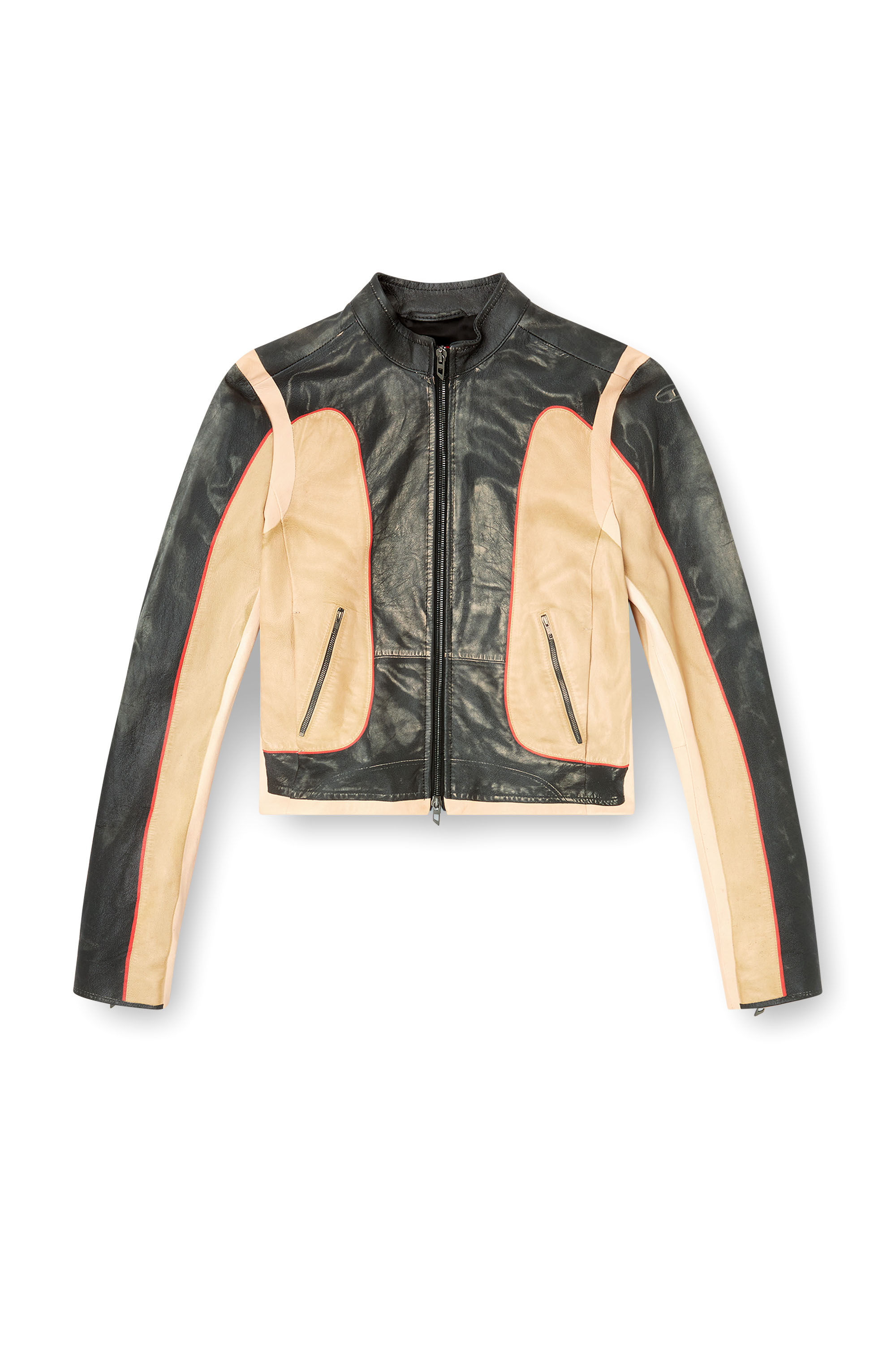 L-OONIE, Beige/Schwarz Diesel - L-OONIE, Damen Bikerjacke aus Leder in Trompe l'œil-Optik in Beige/Schwarz - 2